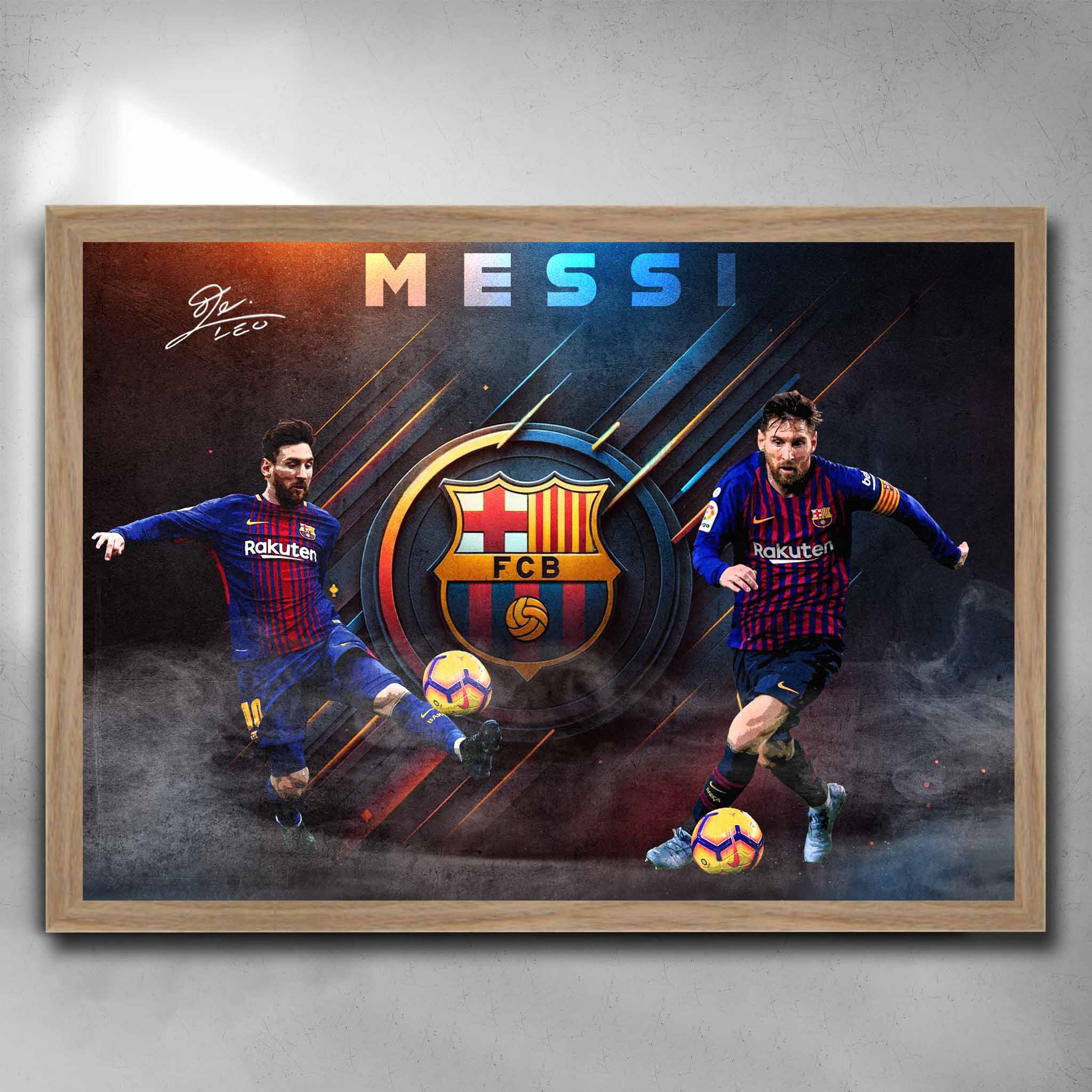 Lionel Messi wall art with oak frame, showcasing iconic Barcelona moments — a premium piece of framed sports memorabilia.