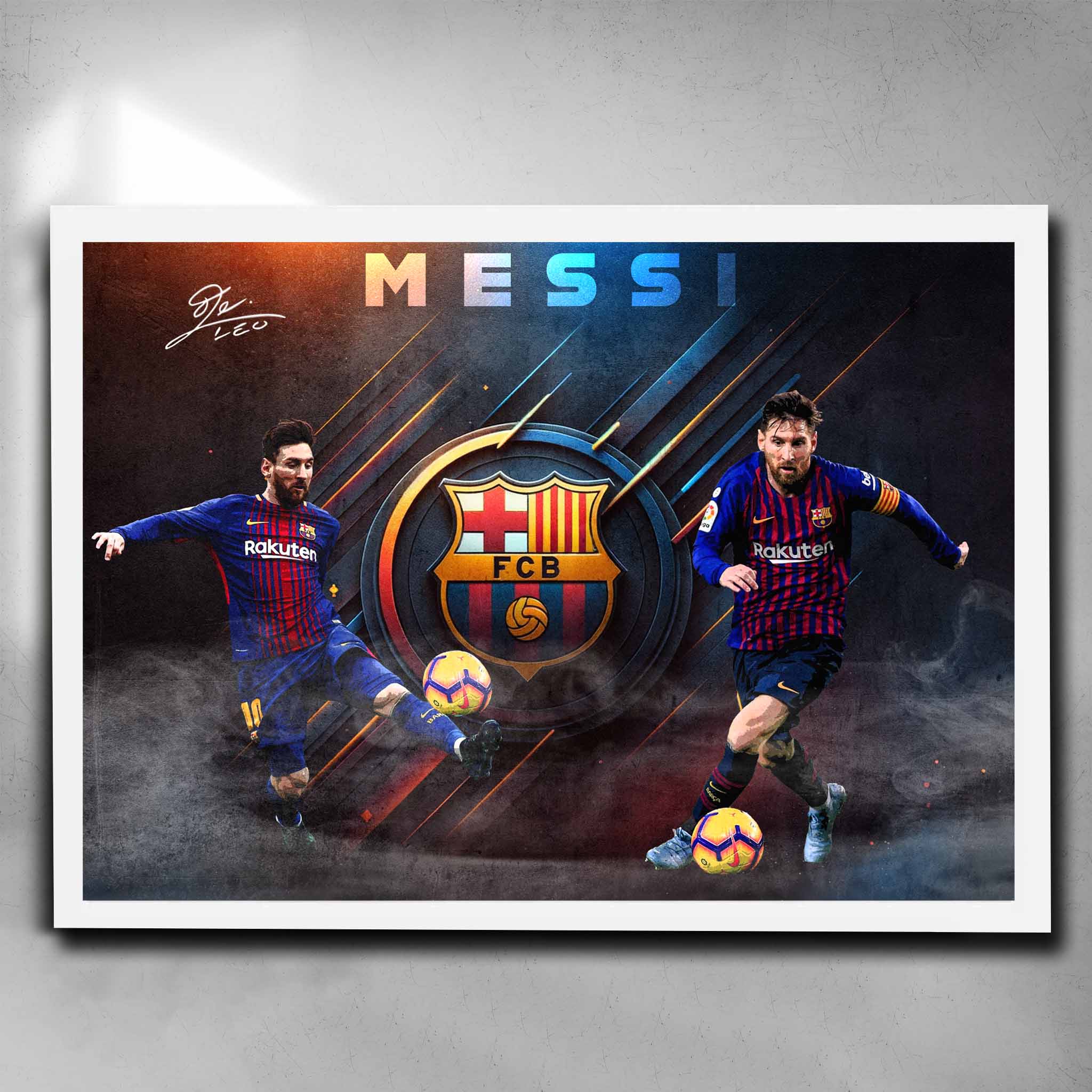 Lionel Messi wall art in a white frame, showcasing dynamic Barcelona moments — a must-have piece of framed sports memorabilia.