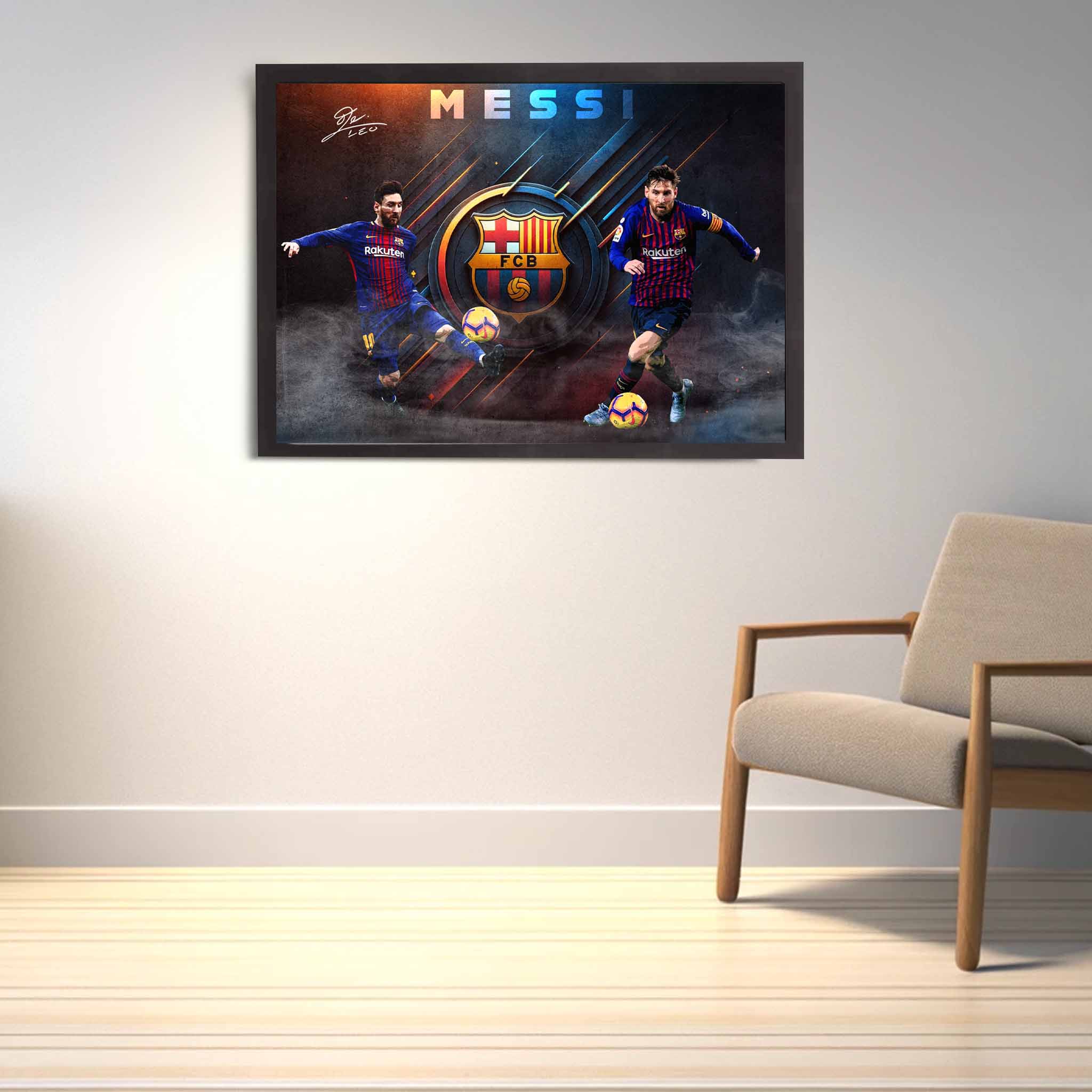 Lionel Messi wall art framed in black and styled in a fan’s living space, part of our premium framed sports art collection for collectors.