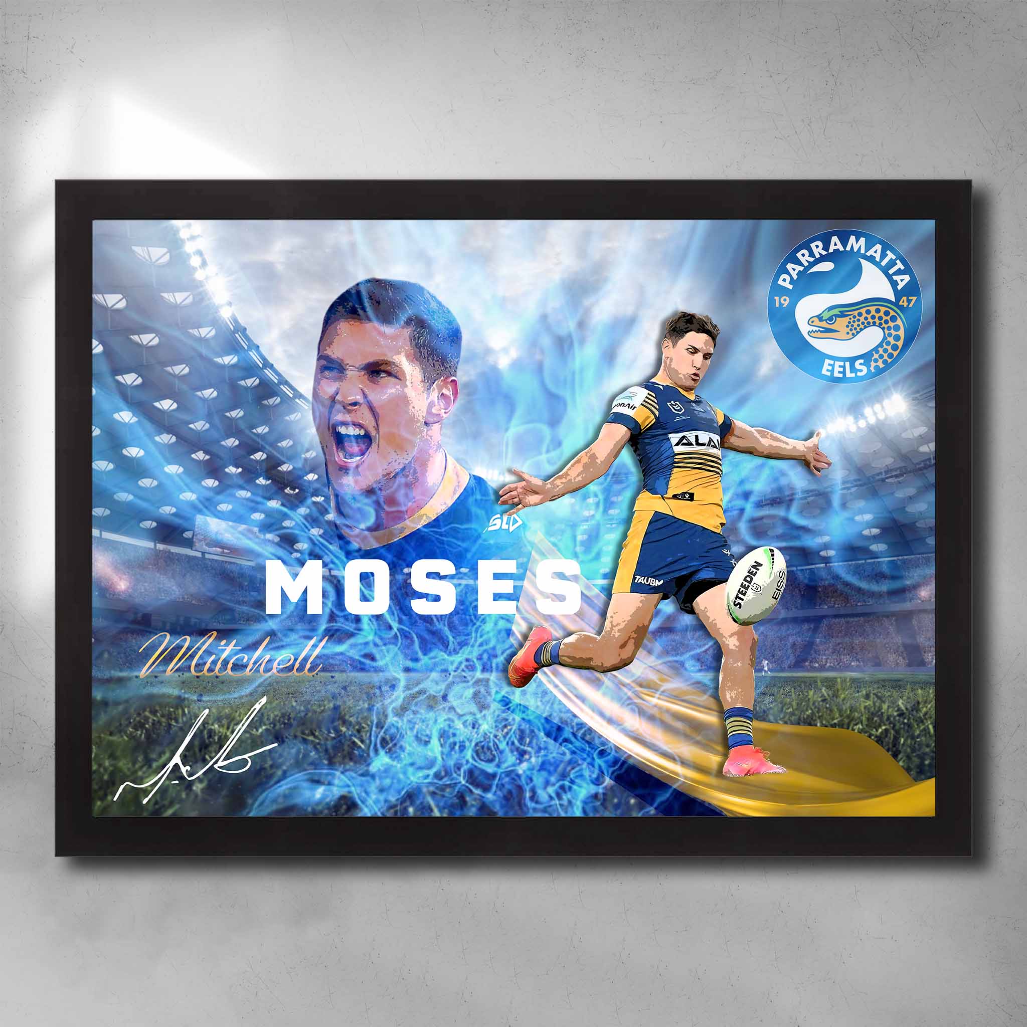 Black framed NRL art featuring Mitchell Moses from the Parramatta Eels - Artwork by Sports Cave.