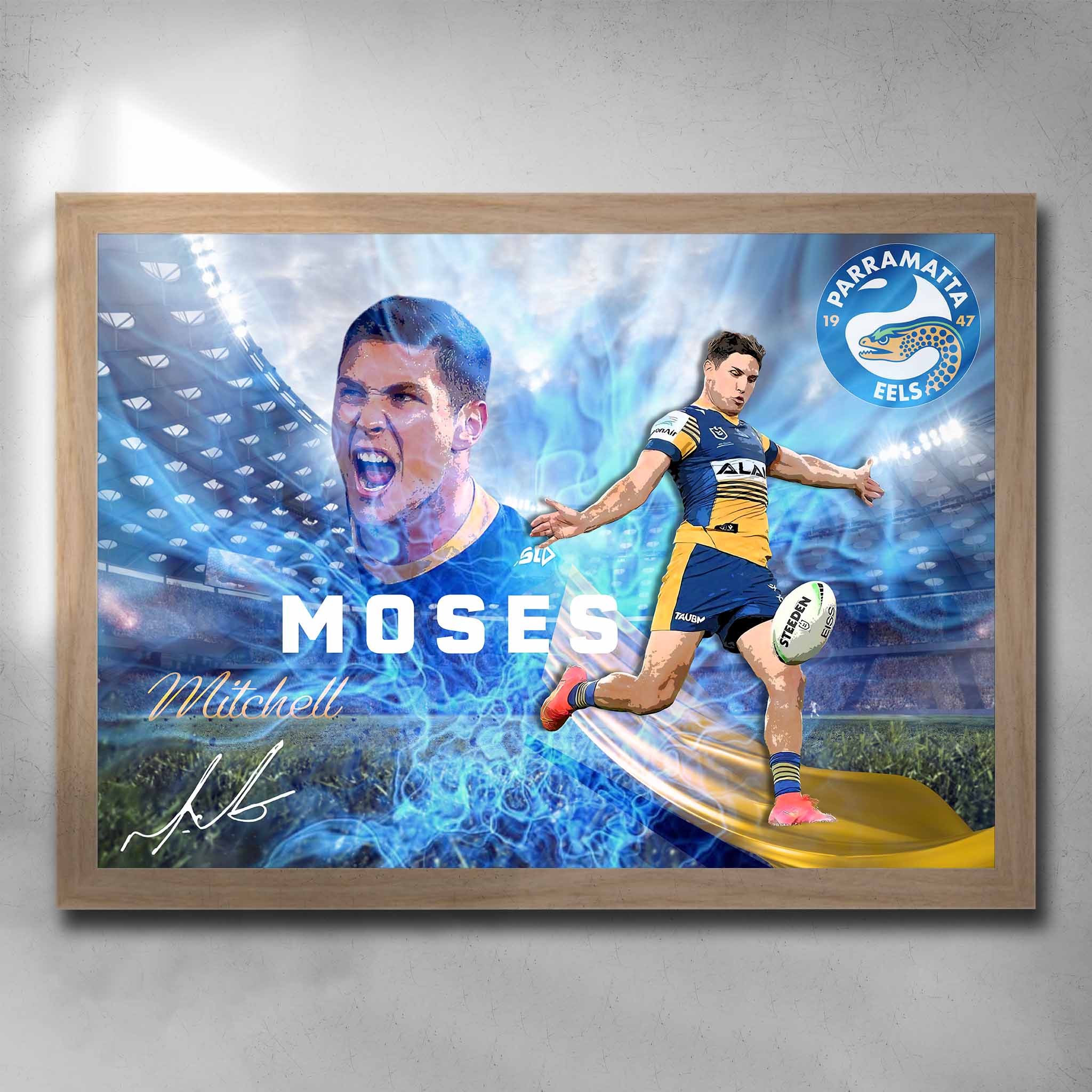 Rustic Oak framed NRL art featuring Mitchell Moses from the Parramatta Eels - Artwork by Sports Cave.