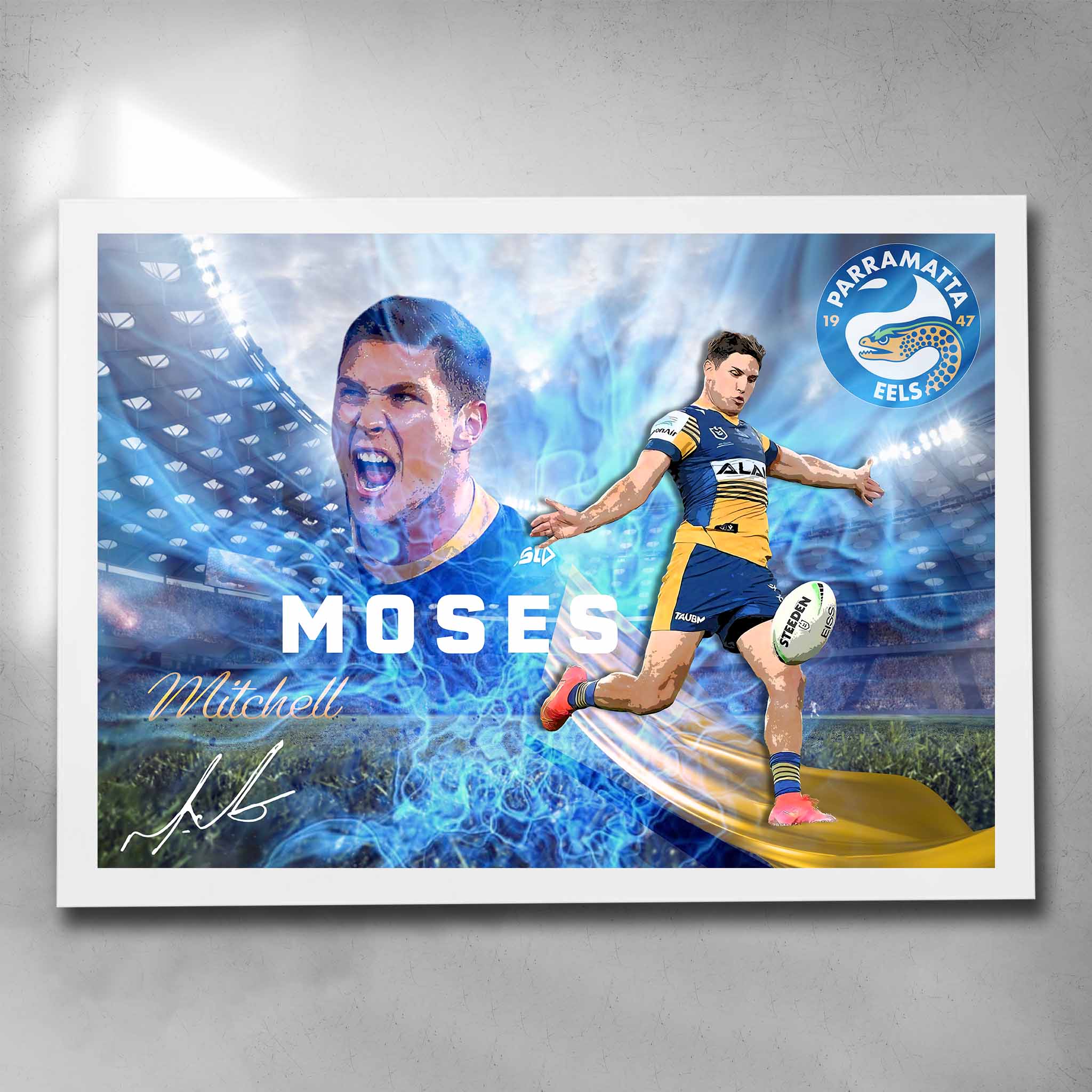 Elegant white framed NRL art featuring Mitchell Moses from the Parramatta Eels - Artwork by Sports Cave.