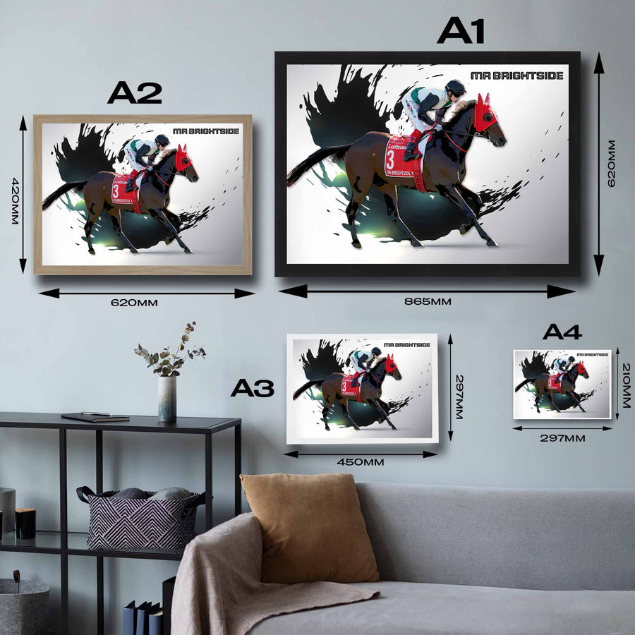 Visual representation of Mr Brightside framed art size options, ranging from A4 to A2, for selecting the right size for your space.