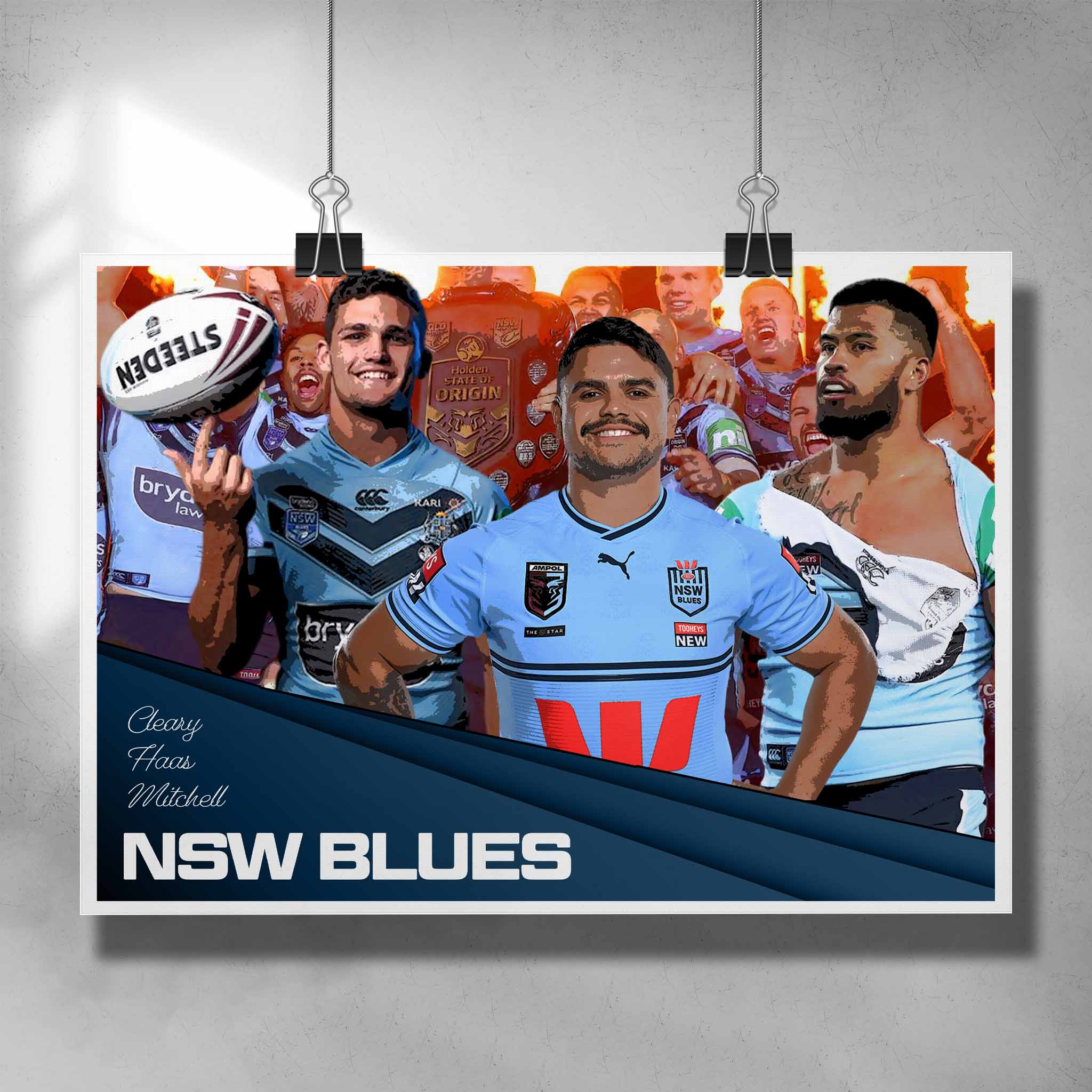 Unique State of Origin poster by Sports Cave, featuring the NSW Blues Latrell Mitchell, Nathan Cleary and Payne Haas.