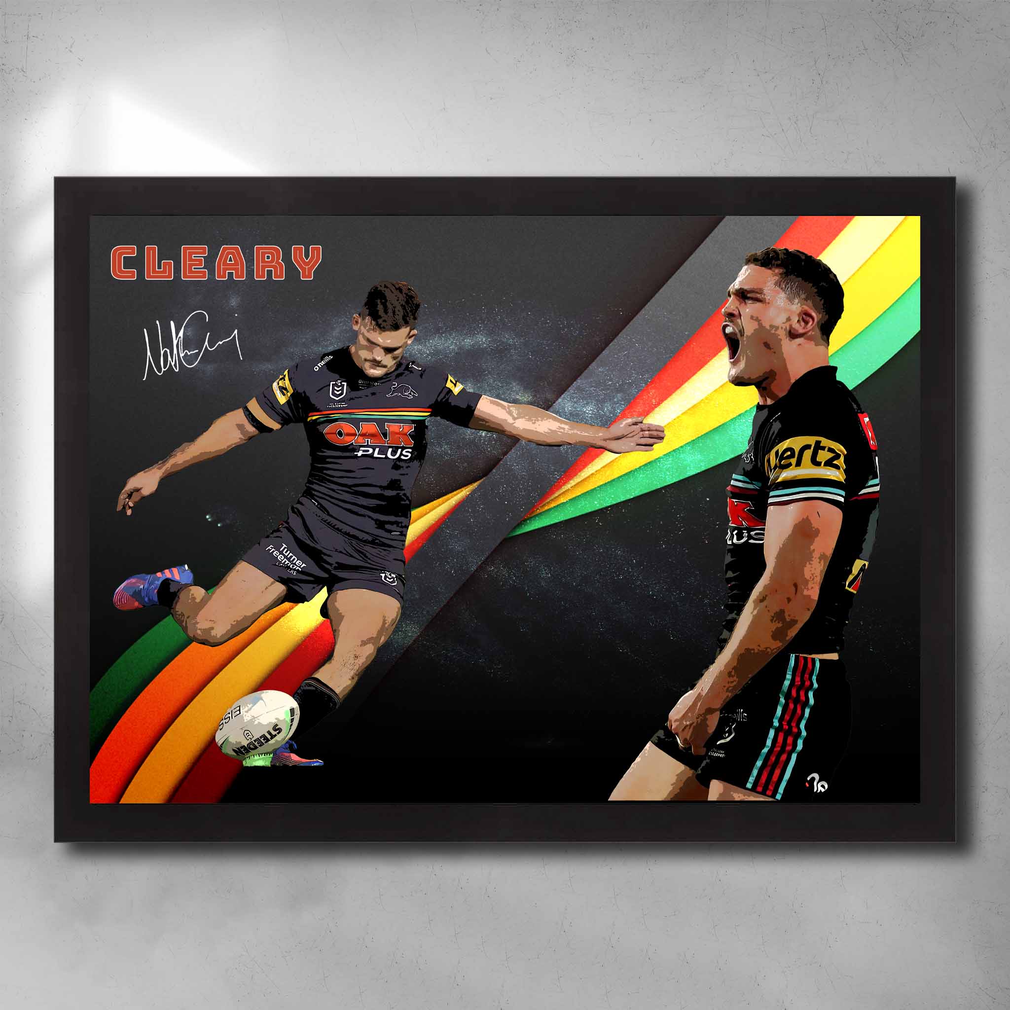 Black framed NRL art featuring Nathan Cleary from the Penrith panthers signed artwork by Sports Cave.