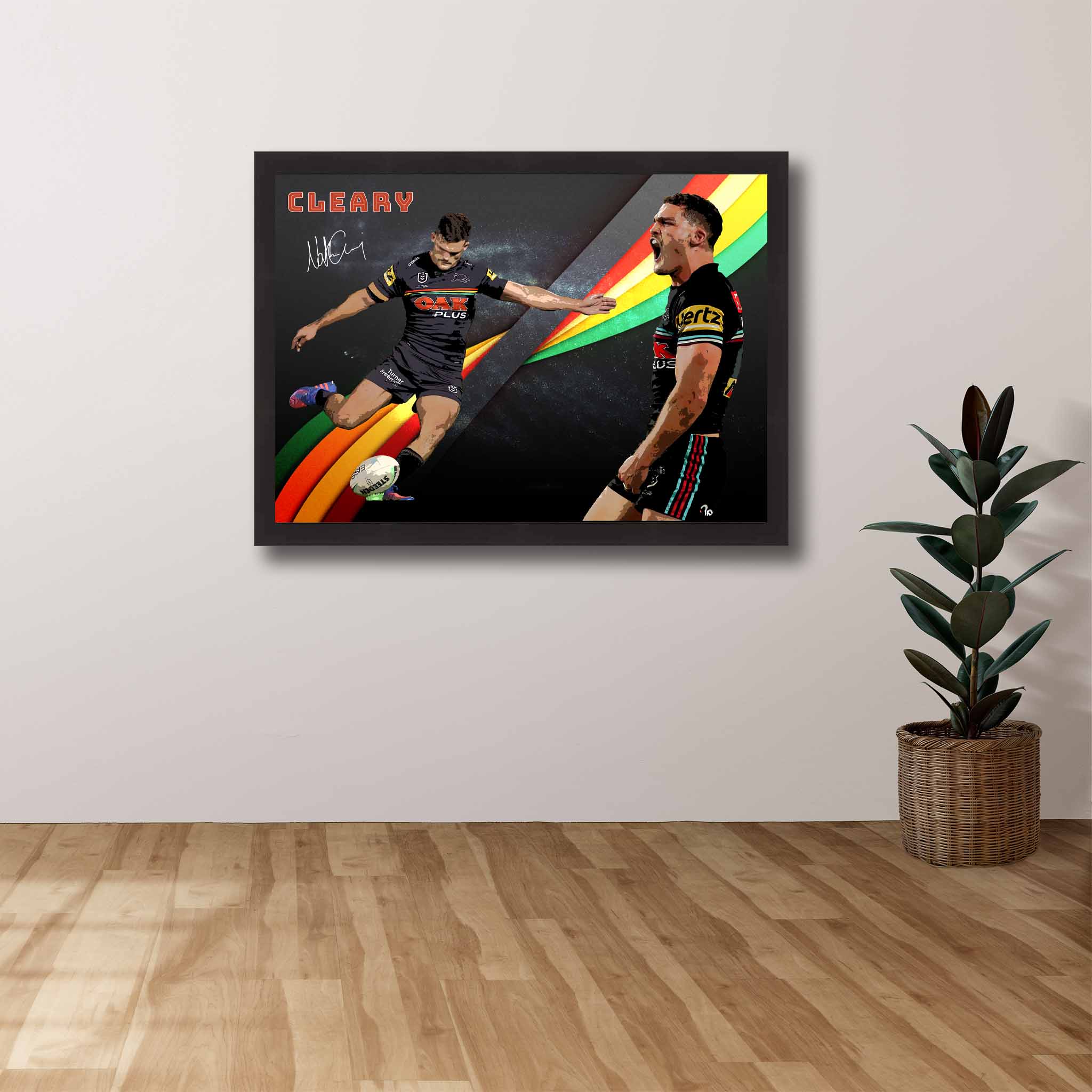 Penrith panthers diehard fan, with a Nathan Cleary framed art on display in their house.