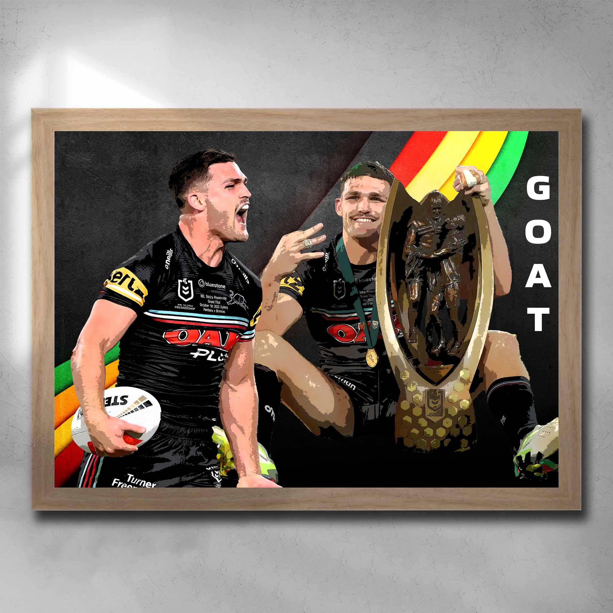 Oak framed NRL Art featuring 2023 Clive Churchill medalist Nathan Cleary the GOAT - Artwork by Sports Cave.
