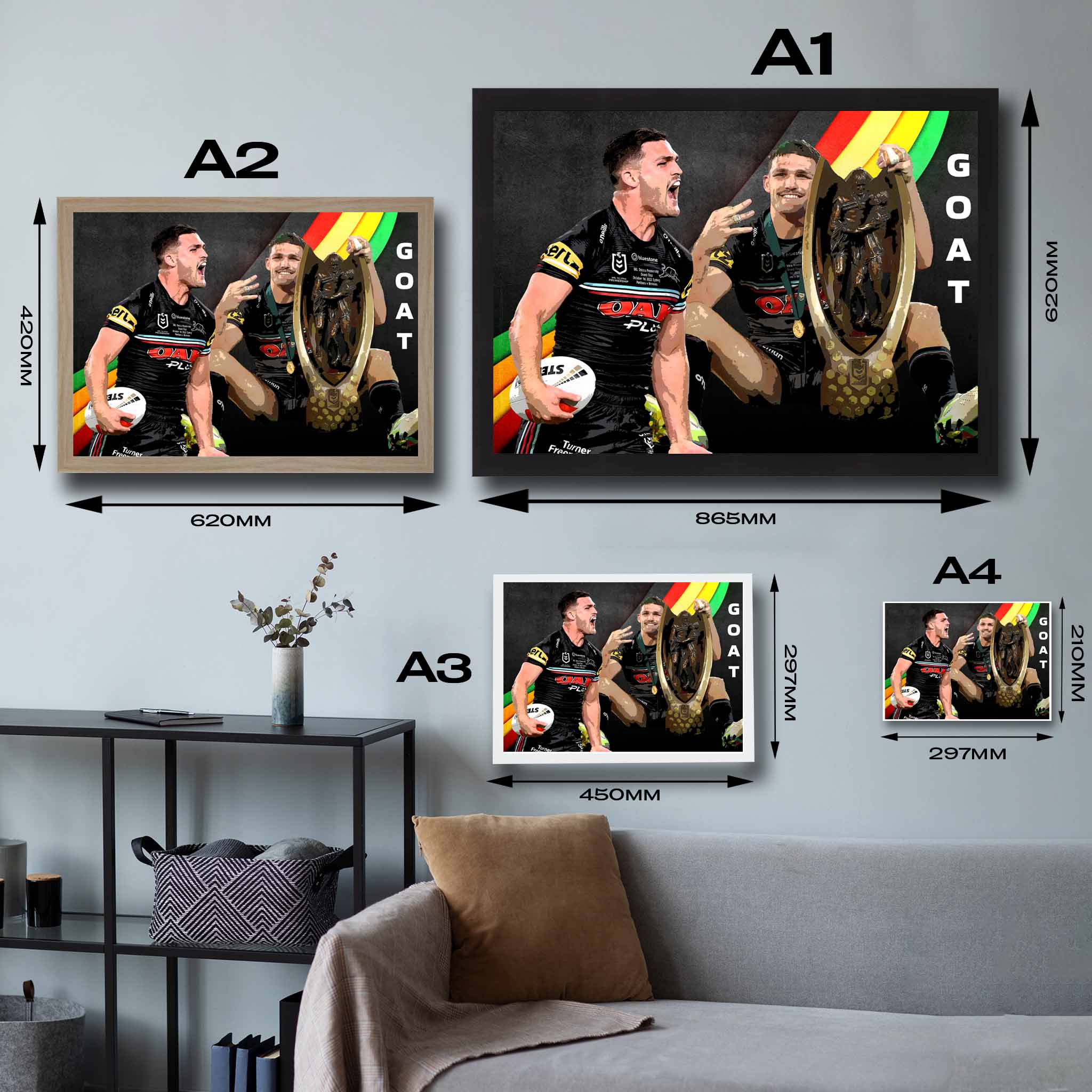 Visual representation of Nathan Cleary GOAT framed art size options, ranging from A4 to A2, to assist customers in selecting the right size for their space and preferences.