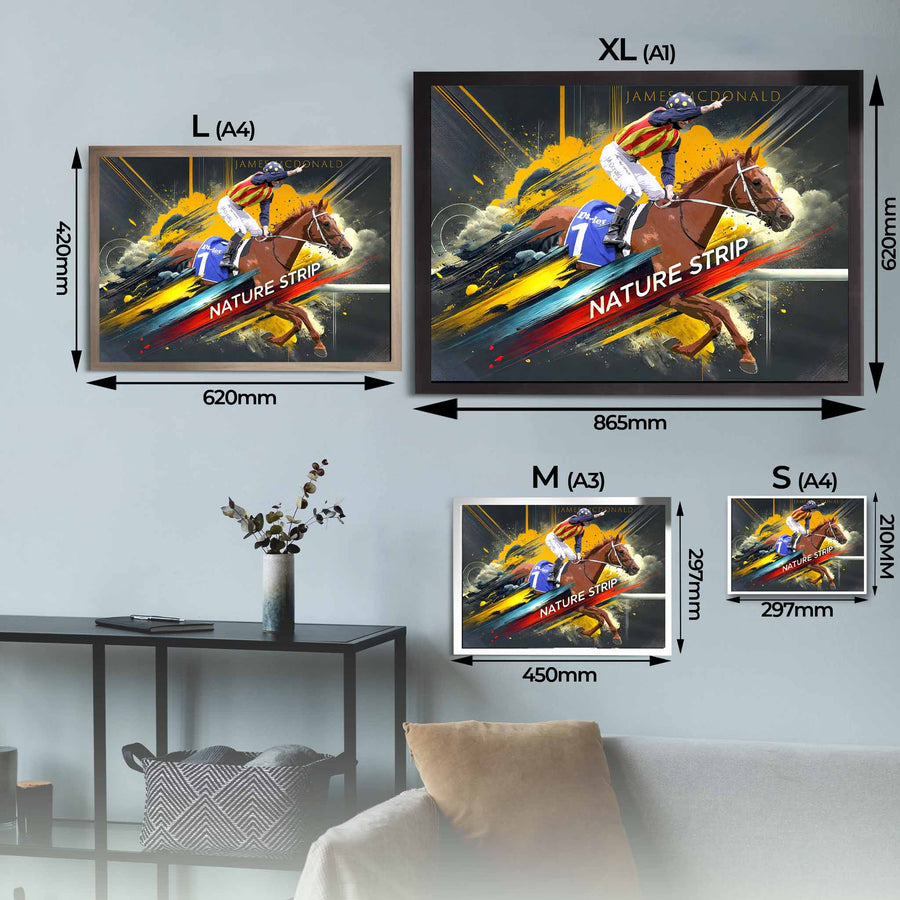 Visual representation of Nature Strip framed art size options, ranging from S - 21 × 30 cm (8.3 × 11.8 in) to L - 45 × 62 cm (17.7 × 24.4 in), for selecting the right size for your space.