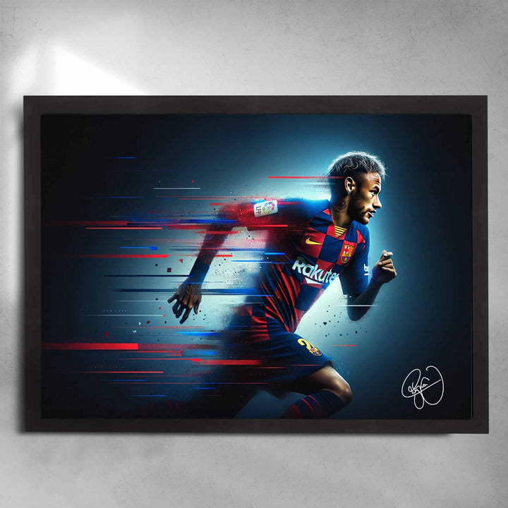 Framed Neymar Jr. Barcelona wall art showing Neymar in motion with digital streaks and Blaugrana jersey design.