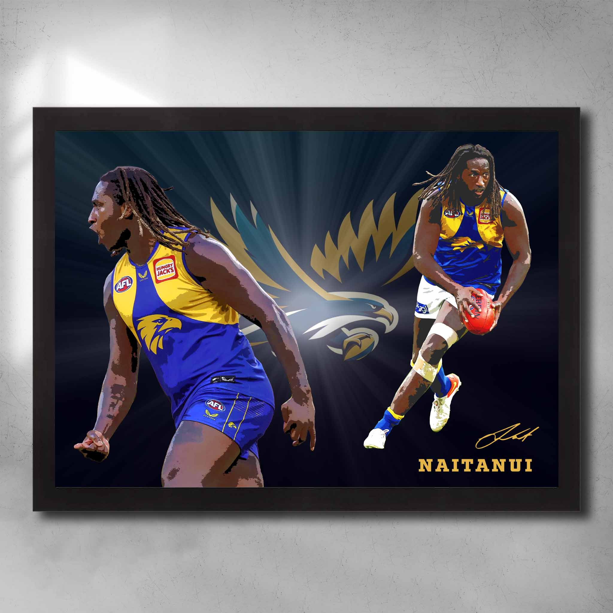 Black framed AFL art by Sports Cave, featuring Nic Naitanui from the West Coast Eagles.