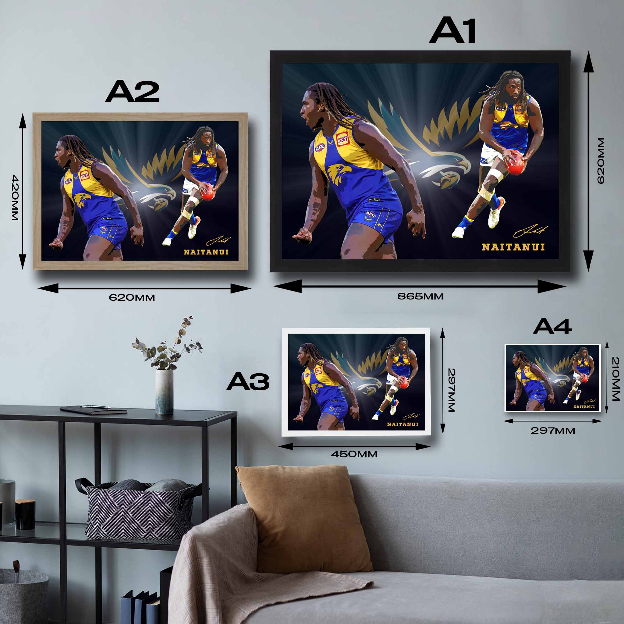 Sizing chart of Nic Naitanui framed art.
