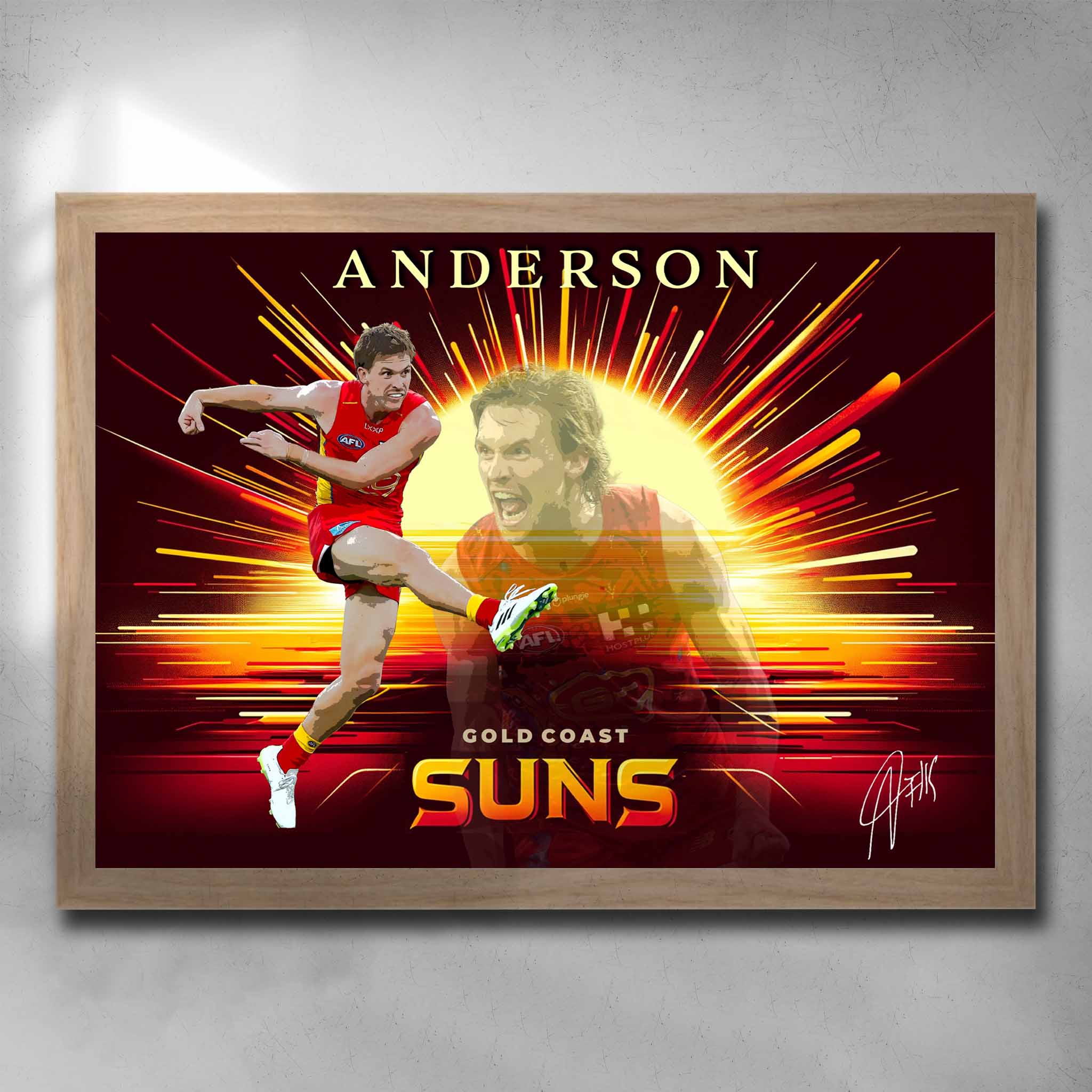 Oak framed AFL art by Sports Cave, featuring Noah Anderson from the Gold Coast Suns.