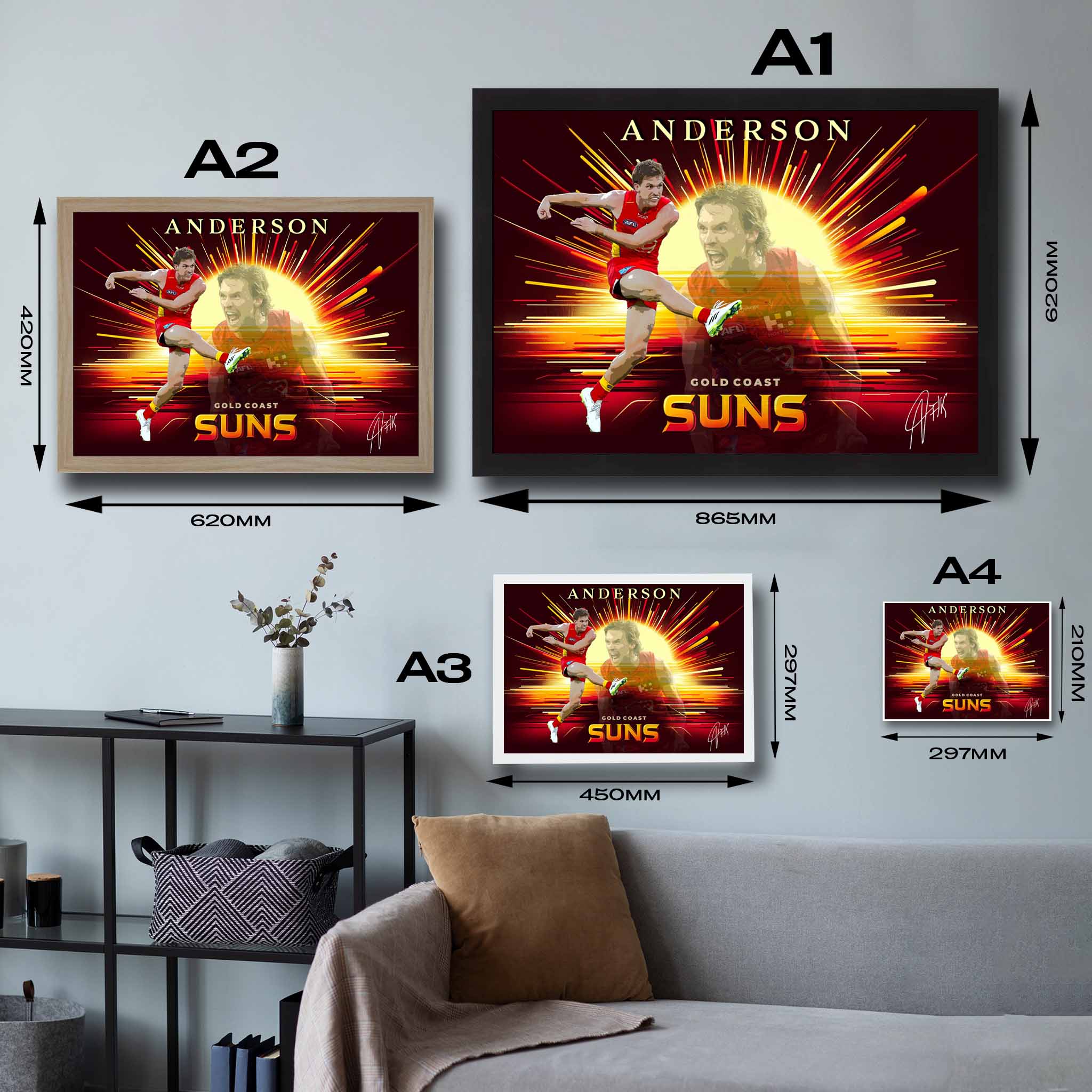 Visual representation of Noah Anderson framed art size options, ranging from A4 to A2, for selecting the right size for your space.