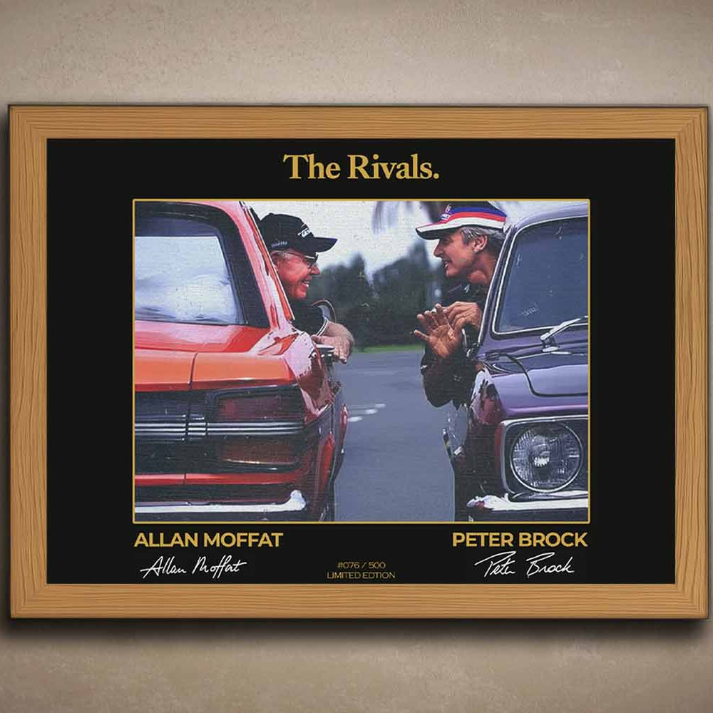Oak framed limited edition wall art of Peter Brock and Allan Moffat titled "The Rivals", featuring classic Australian muscle cars with gold detailing, perfect for motorsport fans and collectors.