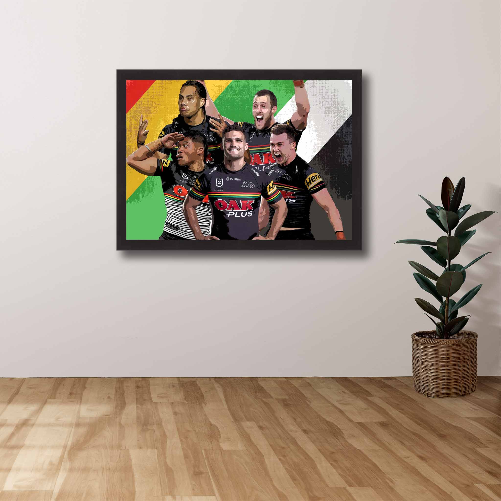 Devoted NRL fan's tribute: Penrith Panthers framed art proudly displayed on the wall.