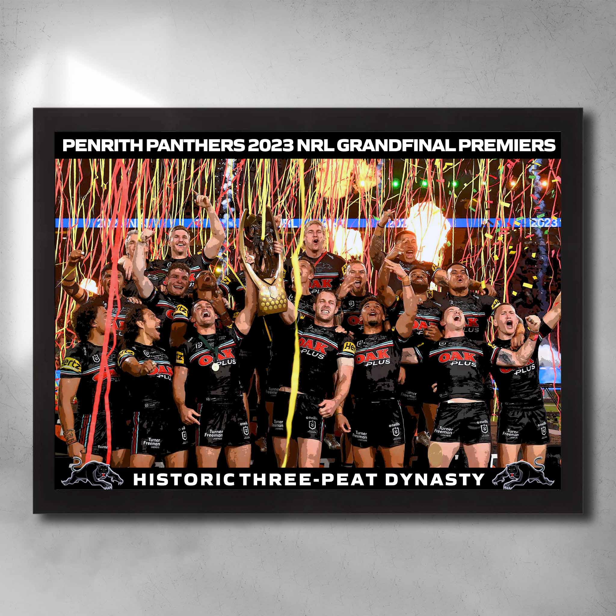 Black framed NRL art featuring the 2023 NRL Premiers the Penrith Panthers Historic Three Peat Dynasty - Artwork by Sports Cave.