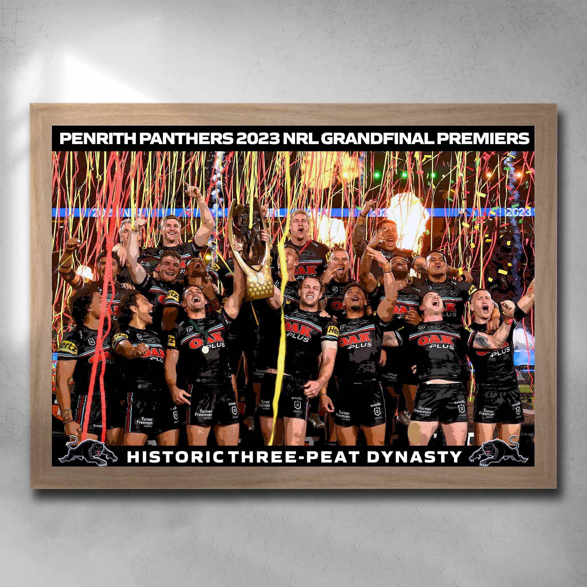 Rustic Oak framed NRL art featuring the 2023 NRL Premiers the Penrith Panthers Historic Three Peat Dynasty - Artwork by Sports Cave.