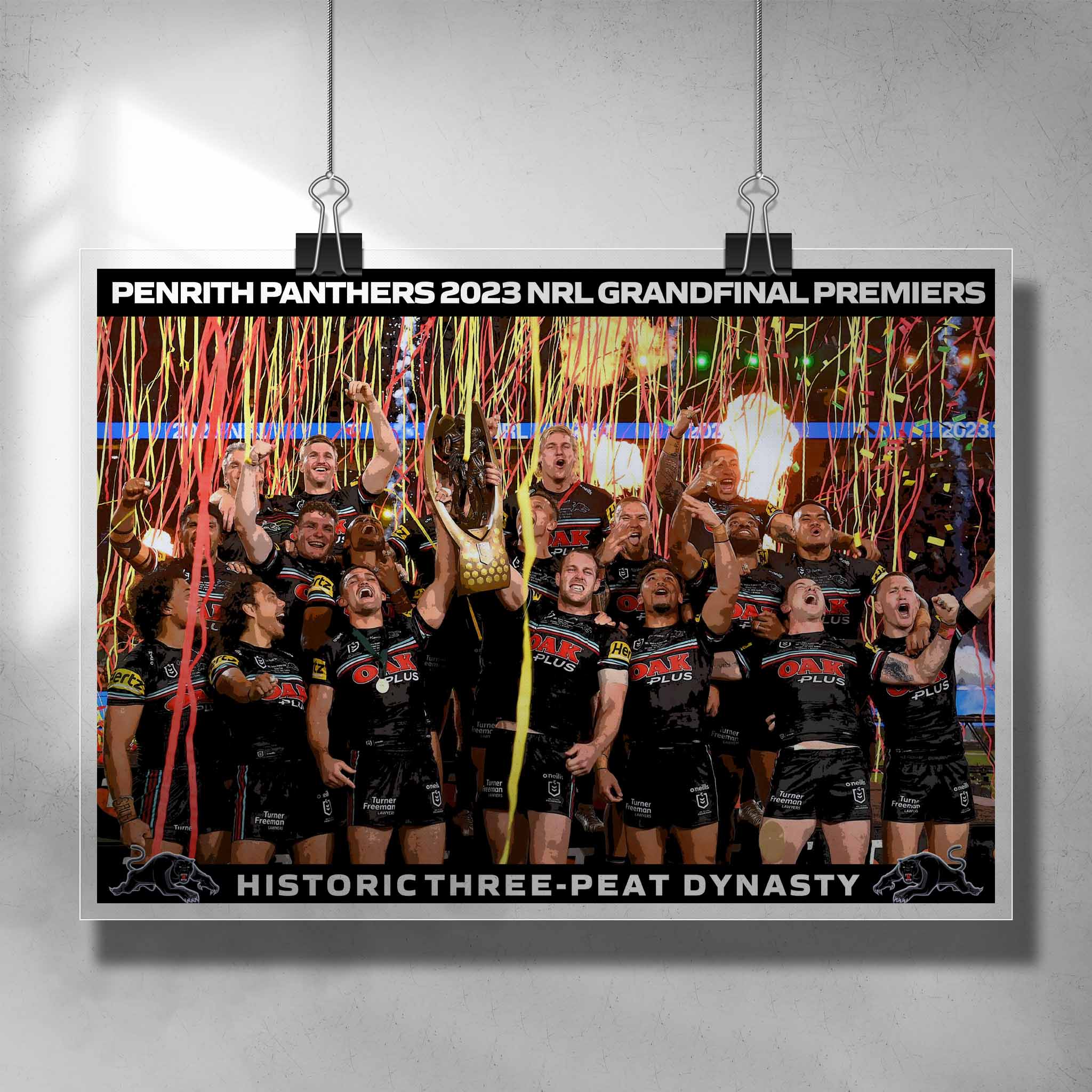 Unique NRL Poster featuring the 2023 NRL Premiers the Penrith Panthers Historic Three Peat Dynasty - Artwork by Sports Cave.