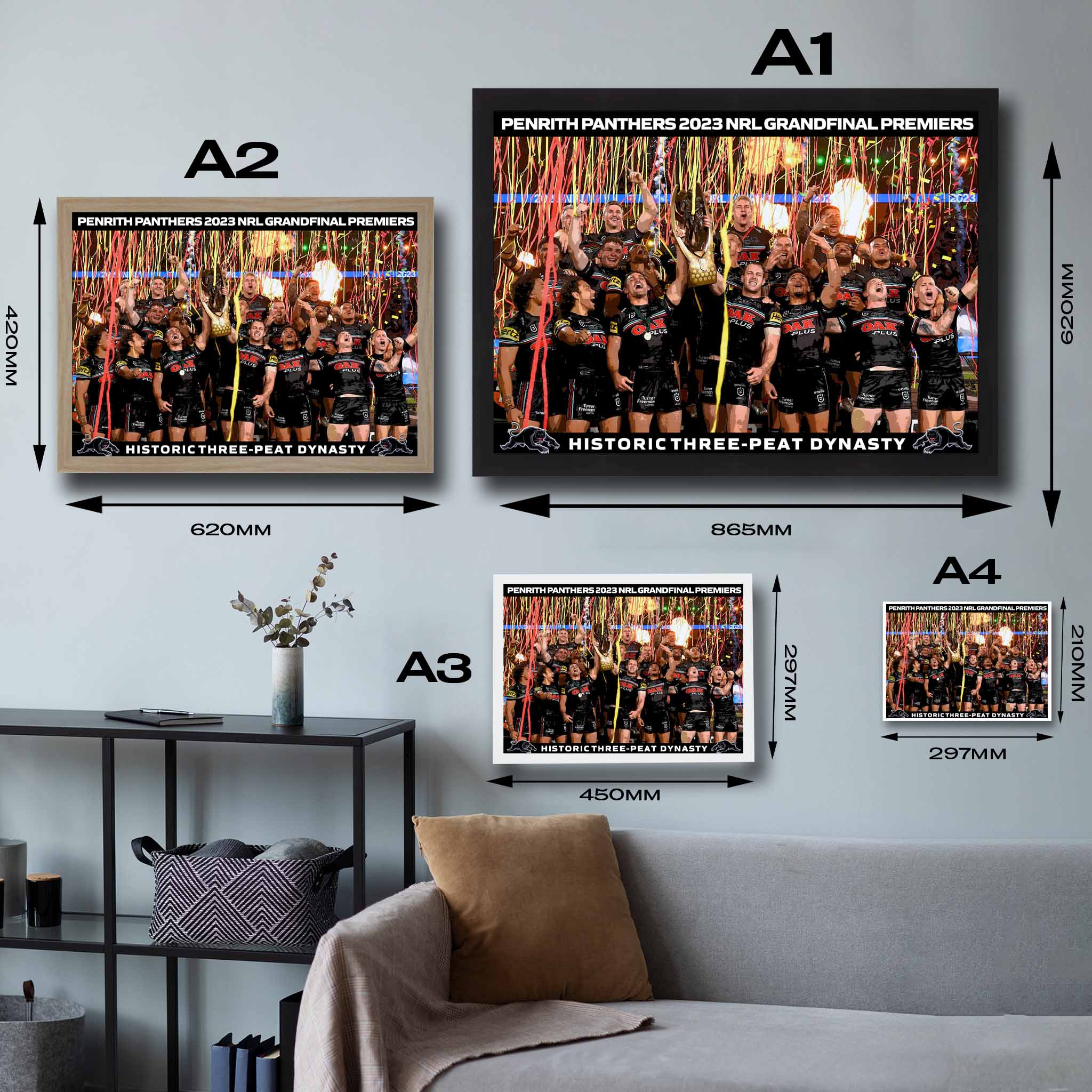 Visual representation of Penrith Panthers Historic Three Peat Dynasty framed art size options, ranging from A4 to A2, to assist customers in selecting the right size for their space and preferences.