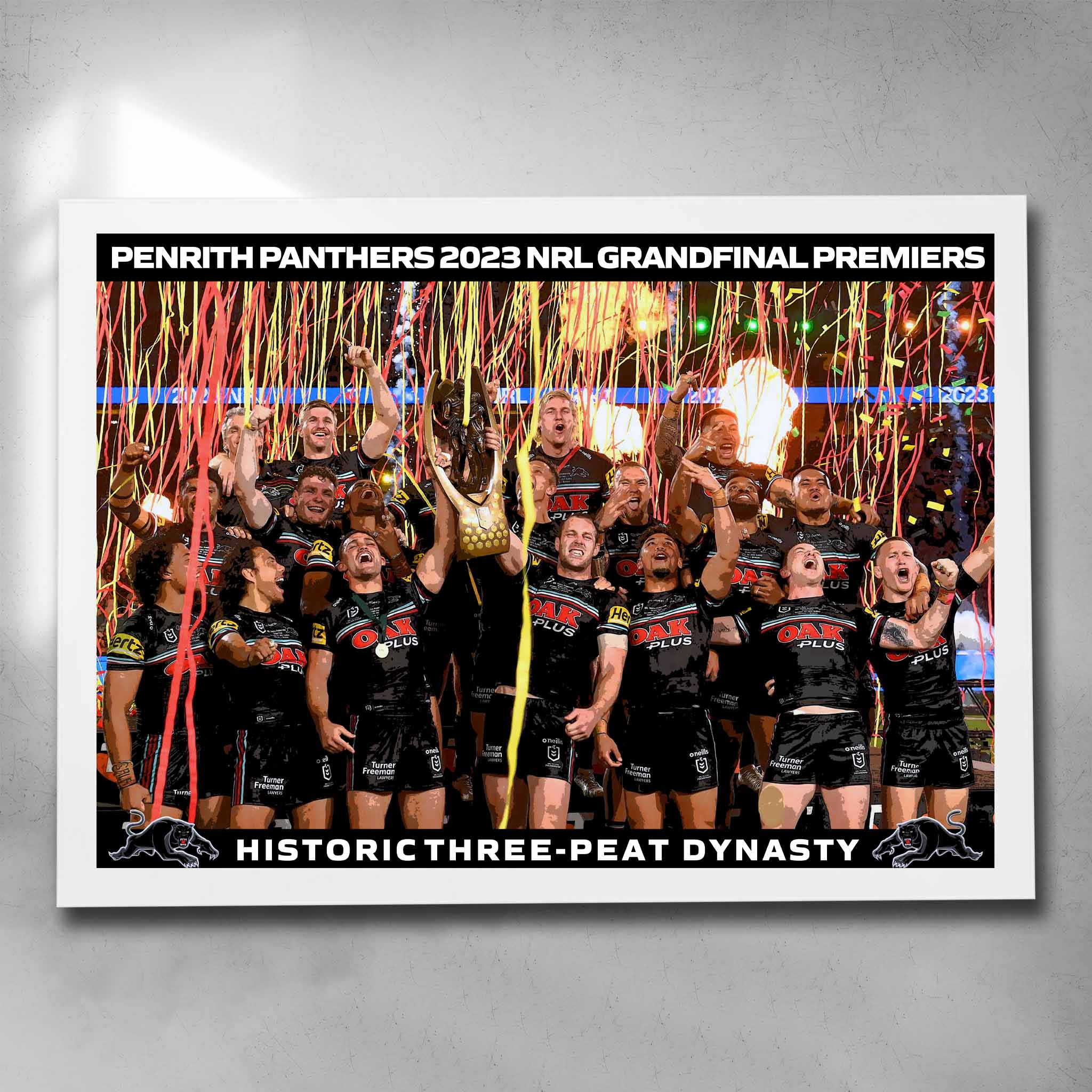 Elegant white framed NRL art featuring the 2023 NRL Premiers the Penrith Panthers Historic Three Peat Dynasty - Artwork by Sports Cave.