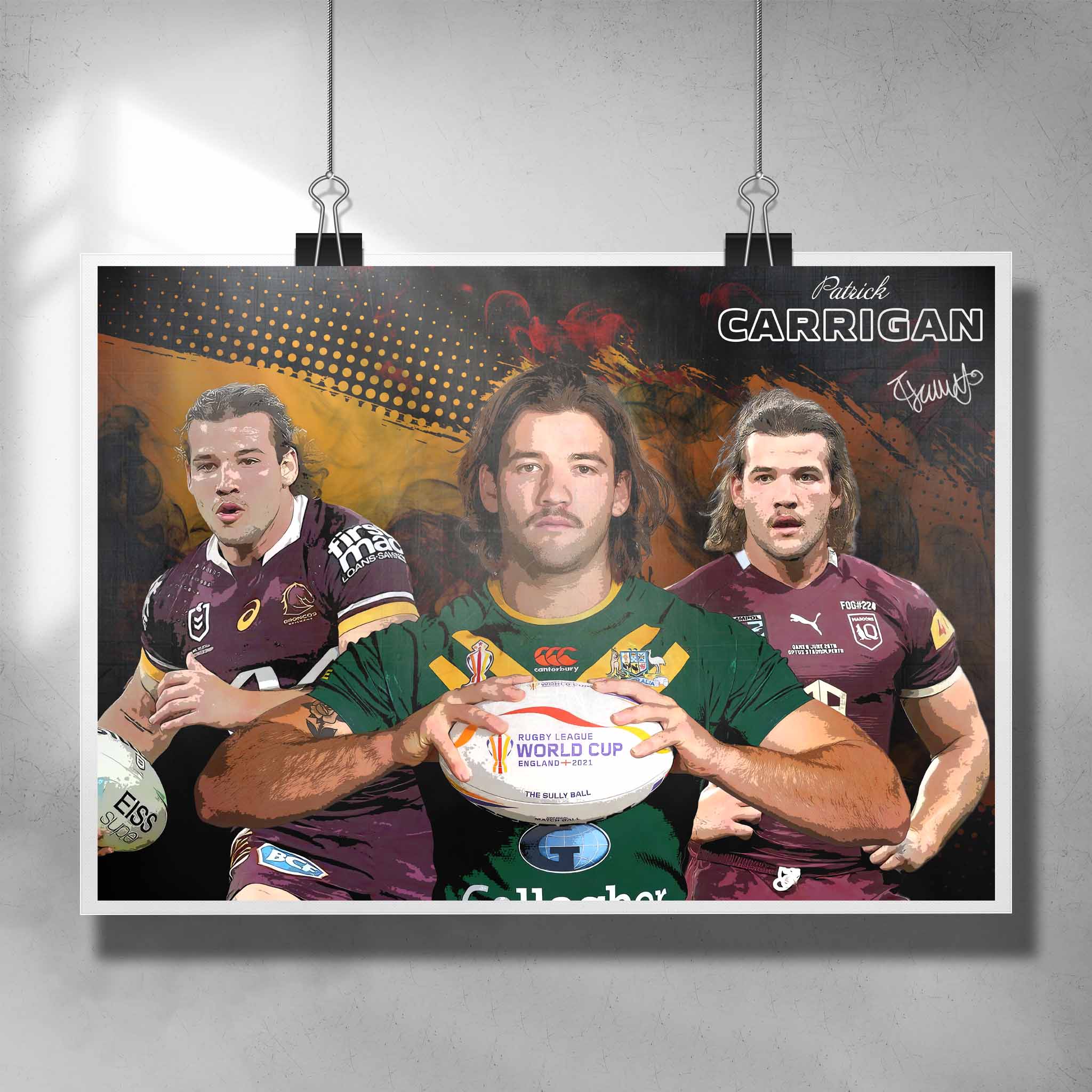 NRL Poster featuring Patrick Carrigan in the Broncos, Kangaroos and Maroons jerseys Art by Sports Cave.