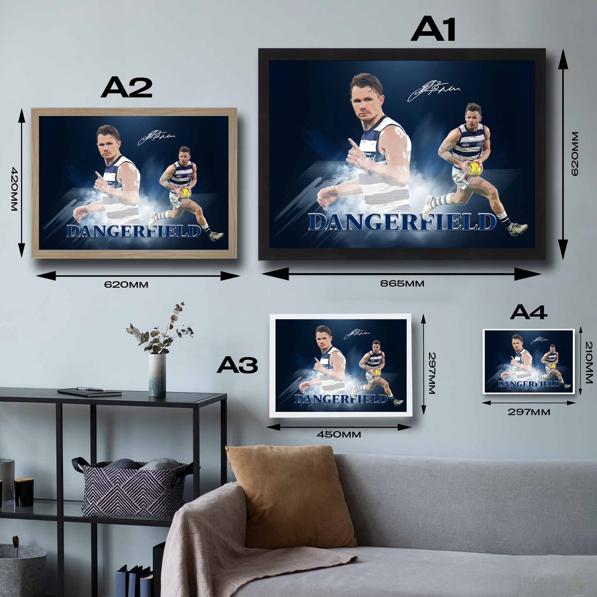Visual representation of Patrick Dangerfield framed art size options, ranging from A4 to A2, for selecting the right size for your space.