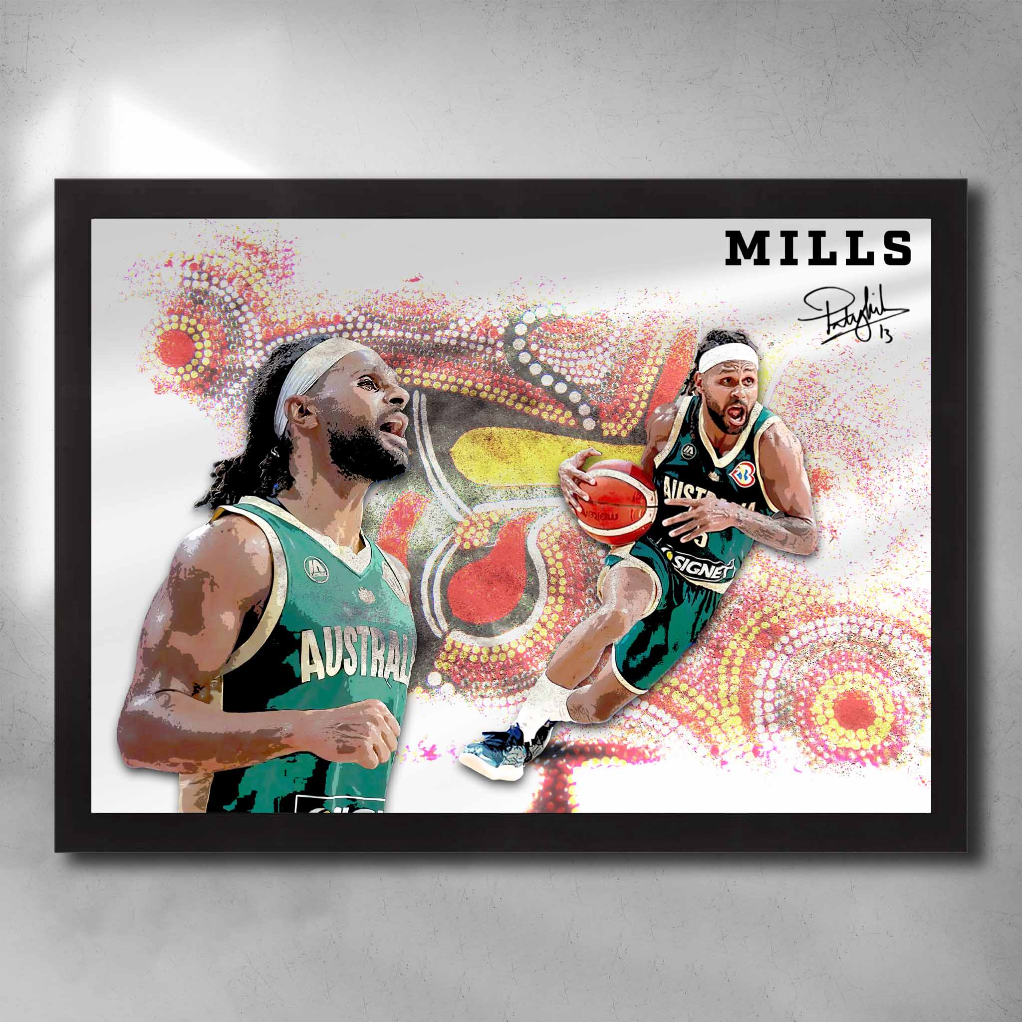 Framed Patty Mills wall art featuring Indigenous-themed background and Australian jersey, celebrating cultural pride and basketball legacy.