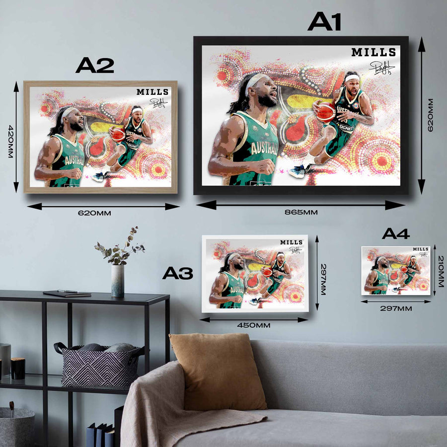 Visual representation of Patty Mills framed art size options, ranging from S - 21 × 30 cm (8.3 × 11.8 in) to L - 45 × 62 cm (17.7 × 24.4 in), for selecting the right size for your space.