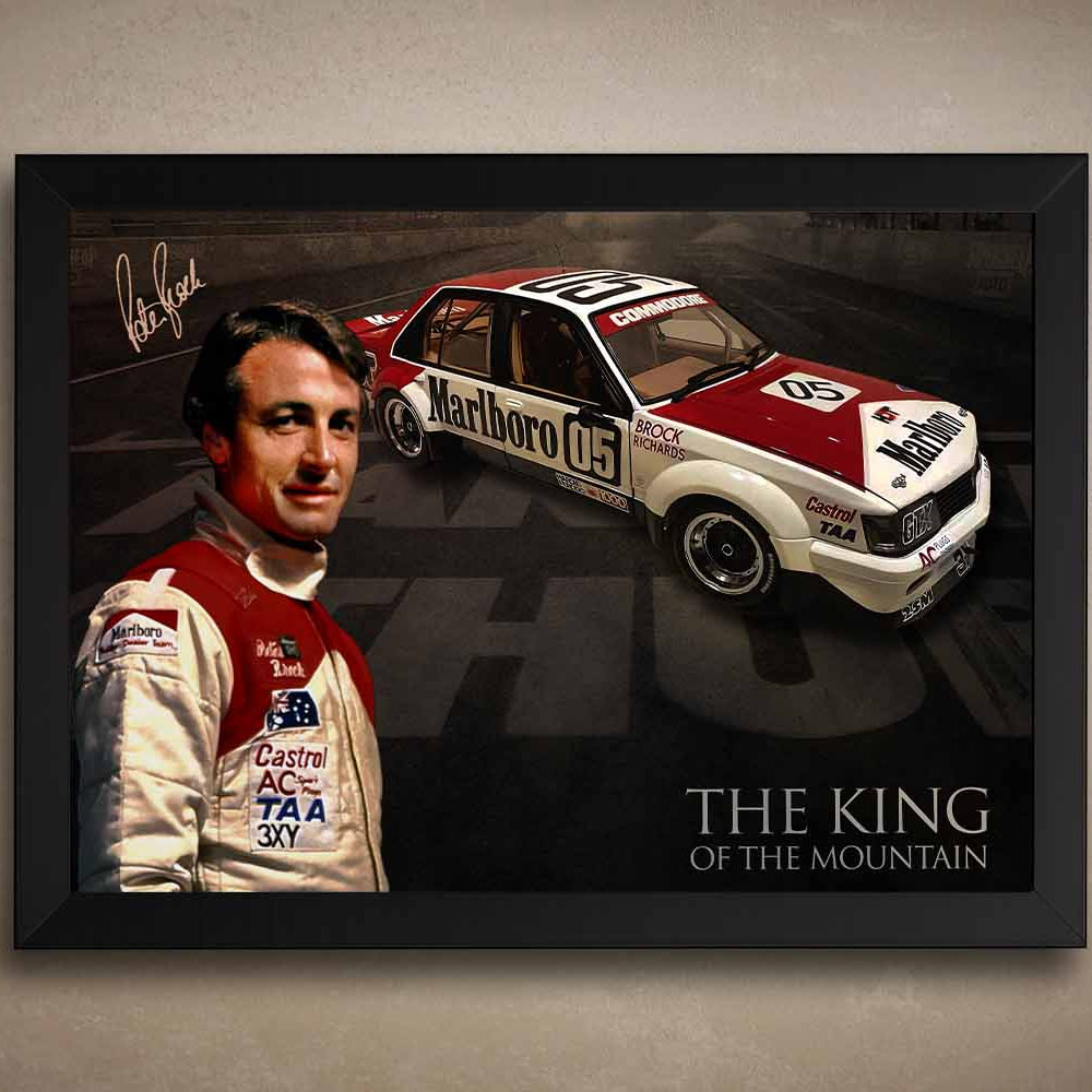Framed sports art print of Peter Brock with his iconic Marlboro Holden at Bathurst, titled King of the Mountain.