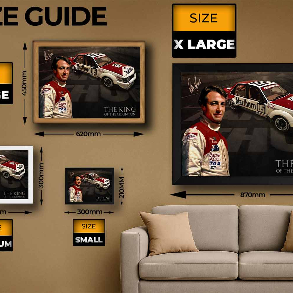 Framed Peter Brock sports art size guide showcasing small, medium, large, and extra-large options — ideal reference for man cave wall décor and premium sports collectibles.