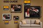 Framed Peter Brock sports art size guide showcasing small, medium, large, and extra-large options — ideal reference for man cave wall décor and premium sports collectibles.
