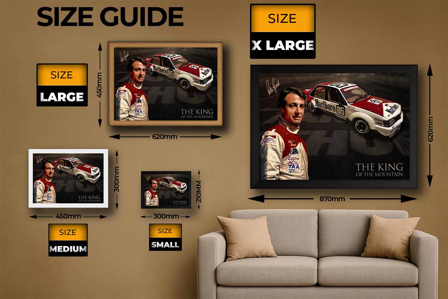 Framed Peter Brock sports art size guide showcasing small, medium, large, and extra-large options — ideal reference for man cave wall décor and premium sports collectibles.