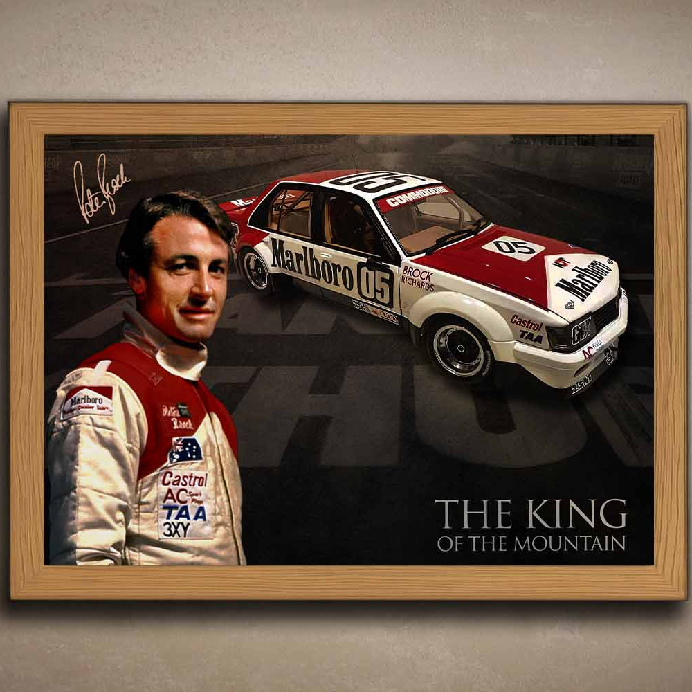 Limited edition Peter Brock framed sports memorabilia featuring his legendary Marlboro Holden, set in a natural oak frame — a must-have for Australian motorsport fans and man cave wall art collectors.