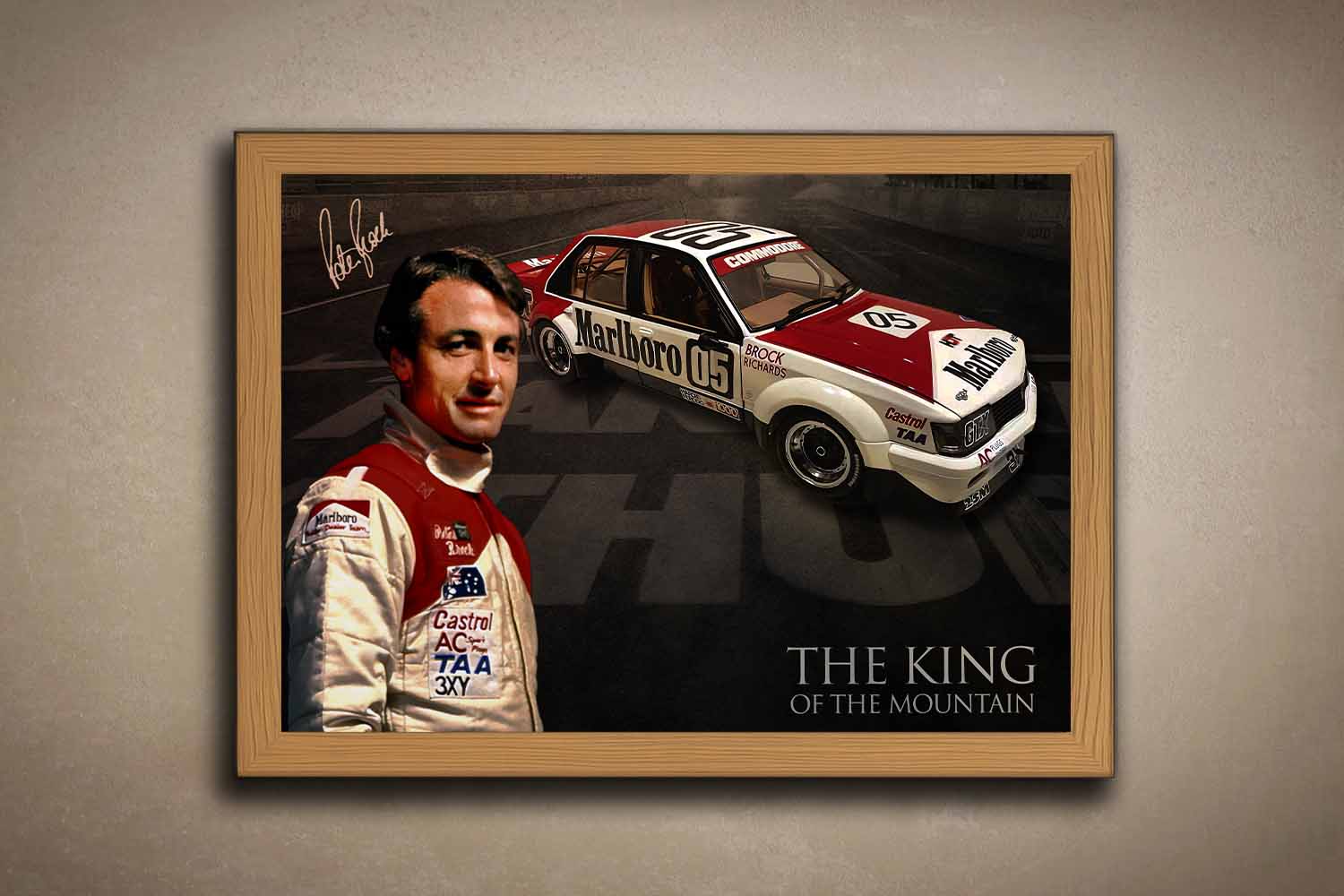 Limited edition Peter Brock framed sports memorabilia featuring his legendary Marlboro Holden, set in a natural oak frame — a must-have for Australian motorsport fans and man cave wall art collectors.