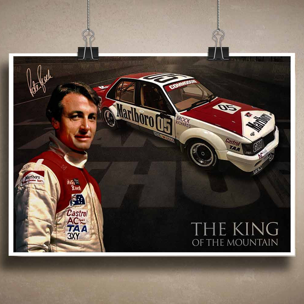 Peter Brock sports art poster featuring his iconic Holden race car and signature look - Collectible option for Australian motorsport fans and man cave wall art enthusiasts.