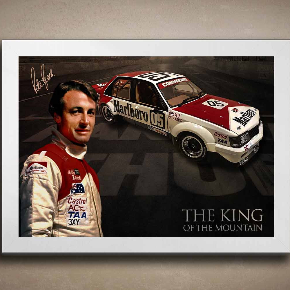 Peter Brock framed sports art print with white frame, showcasing his iconic Commodore and racing legacy — a premium collectible for fans of Australian motorsport and man cave wall art.