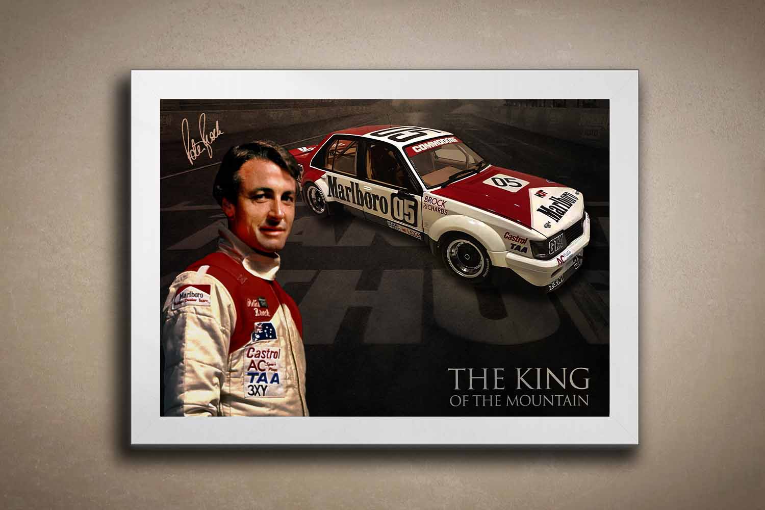 Peter Brock framed sports art print with white frame, showcasing his iconic Commodore and racing legacy — a premium collectible for fans of Australian motorsport and man cave wall art.