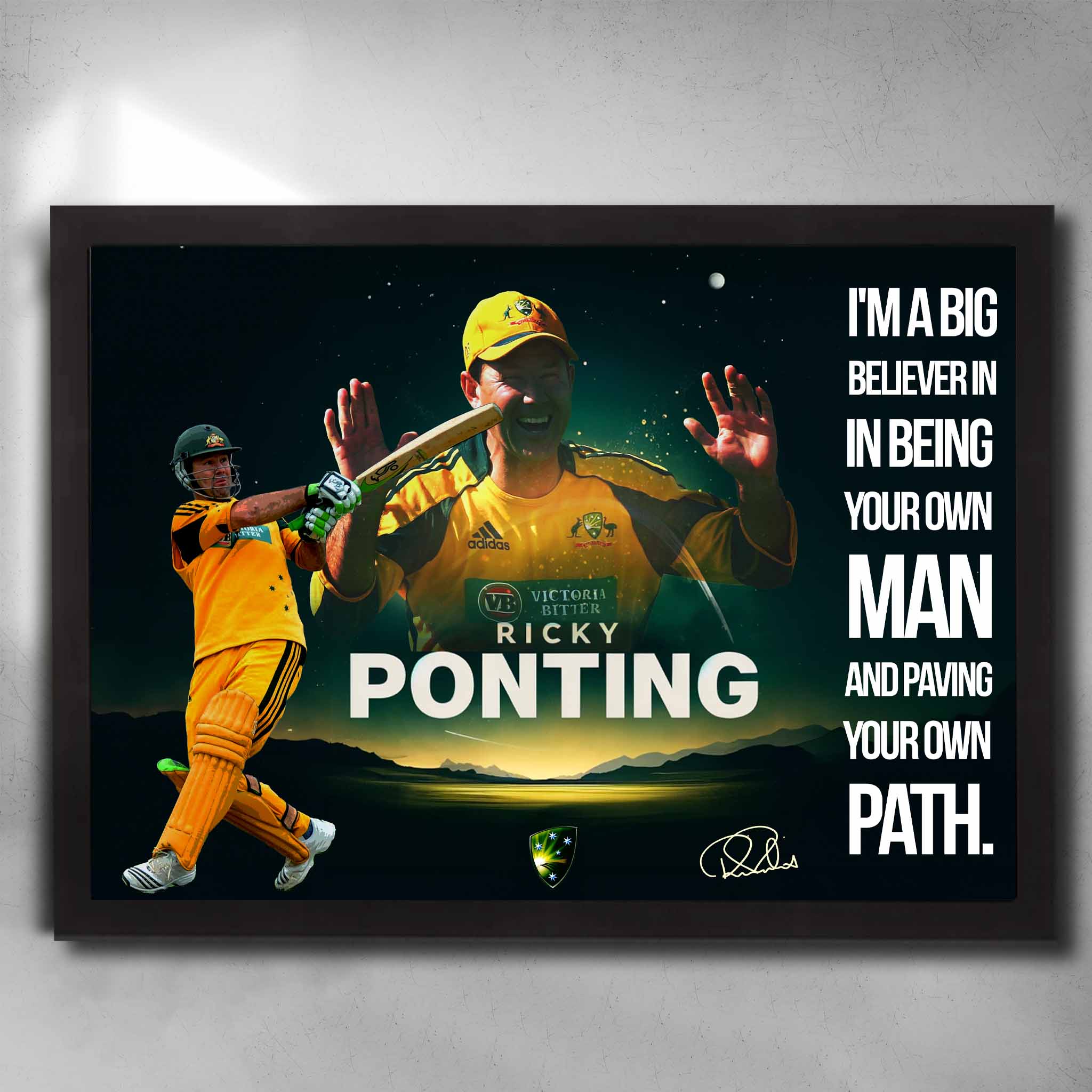 Framed Ricky Ponting wall art featuring Australian cricket imagery, bold quote, and leadership-focused sports tribute.