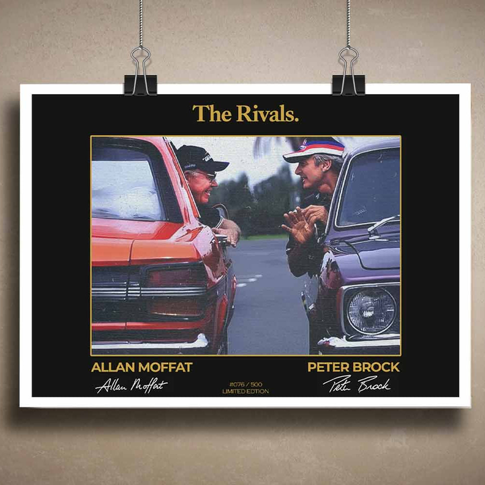 Limited edition signed wall art of Peter Brock and Allan Moffat titled "The Rivals", featuring classic Australian muscle cars with gold detailing, perfect for motorsport fans and collectors.