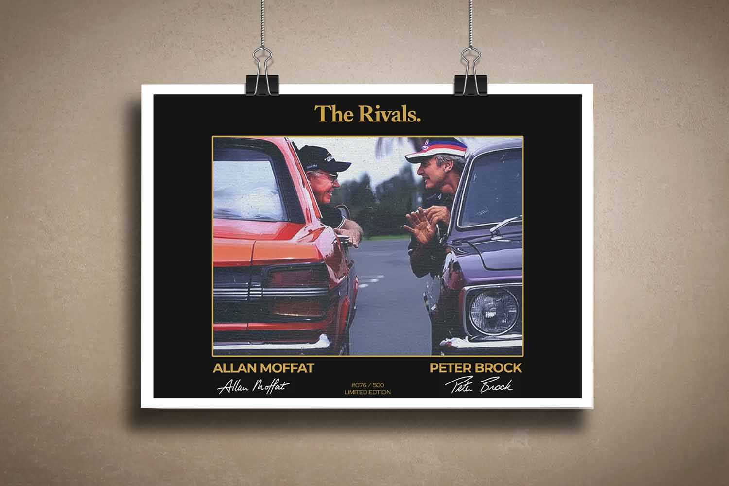 Limited edition signed wall art of Peter Brock and Allan Moffat titled "The Rivals", featuring classic Australian muscle cars with gold detailing, perfect for motorsport fans and collectors.