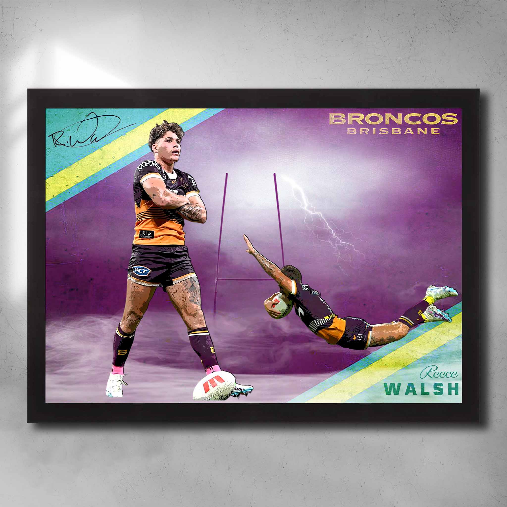 Black framed NRL art by Sports Cave, featuring Reece Walsh from the Brisbane Broncos.