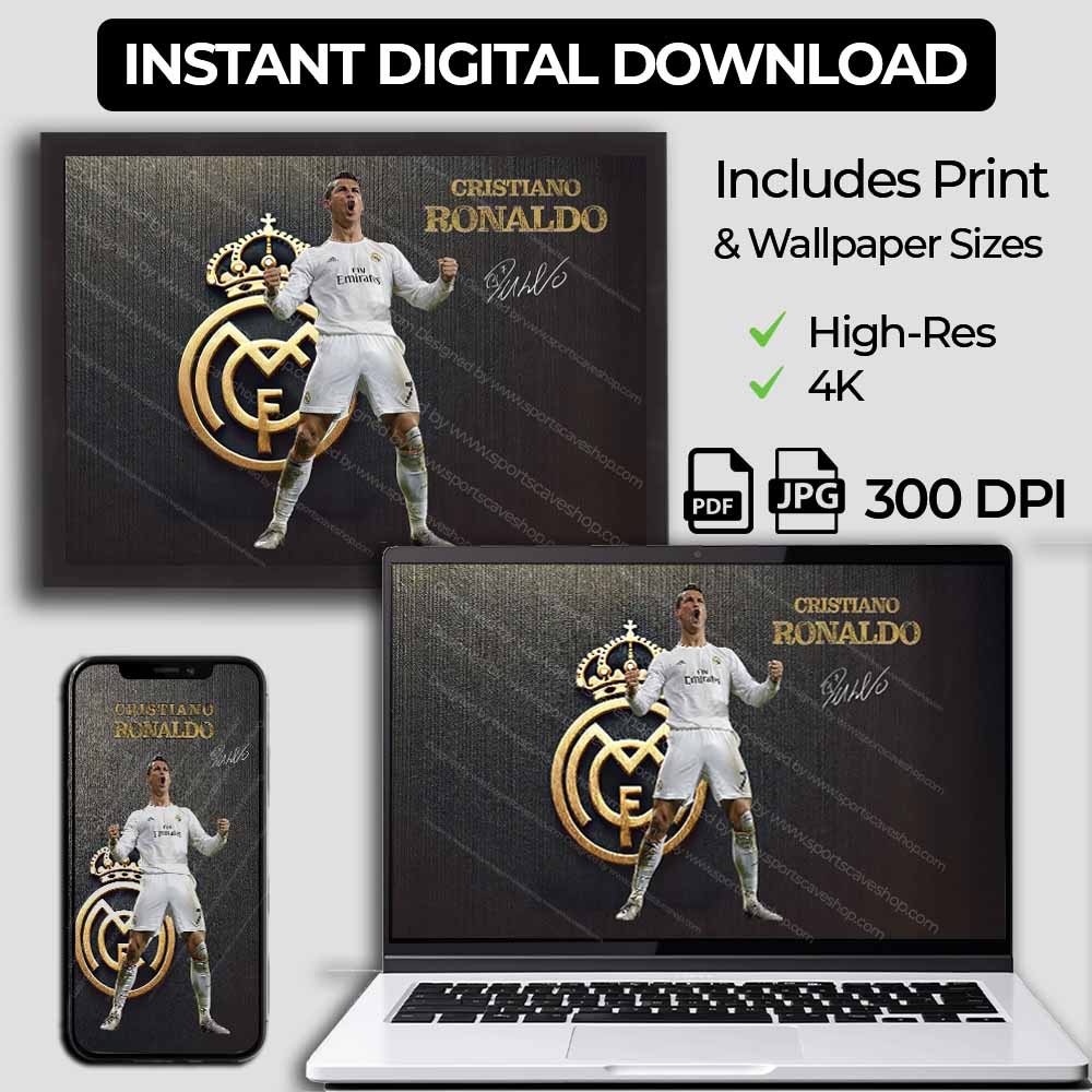 Cristiano Ronaldo digital wall art download featuring Real Madrid tribute — a high-resolution printable sports wall art for fans.