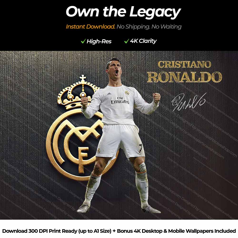 Cristiano Ronaldo digital wall art download featuring Real Madrid tribute – high-res printable sports wall art for fans.
