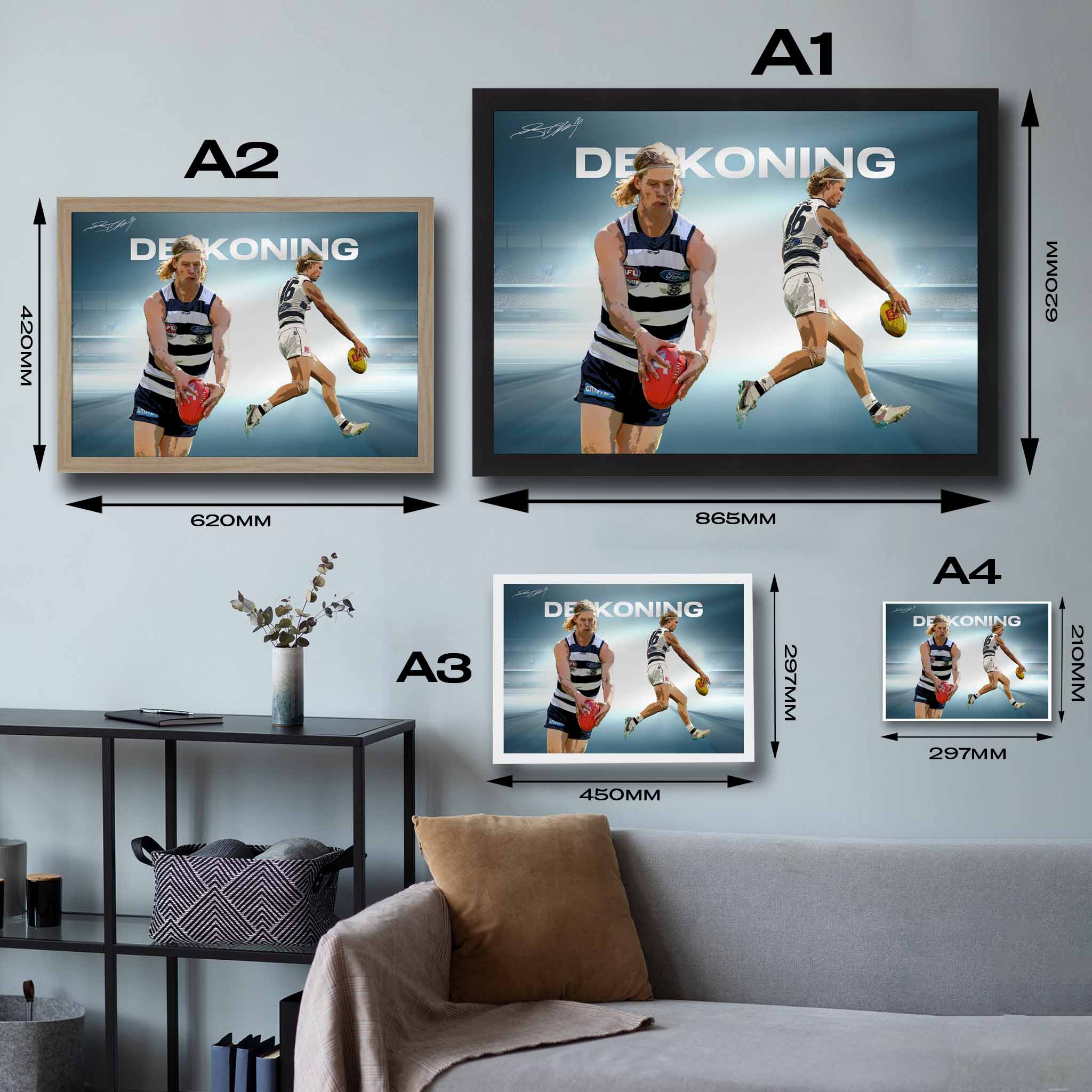 Sizing chart of Sam De Koning framed art sizes.