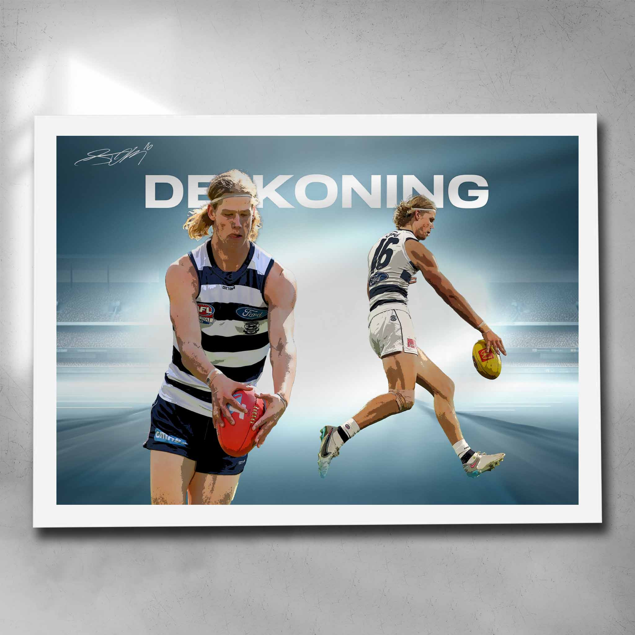 White framed AFL art by Sports Cave, featuring Sam De Koning from the Geelong Cats.