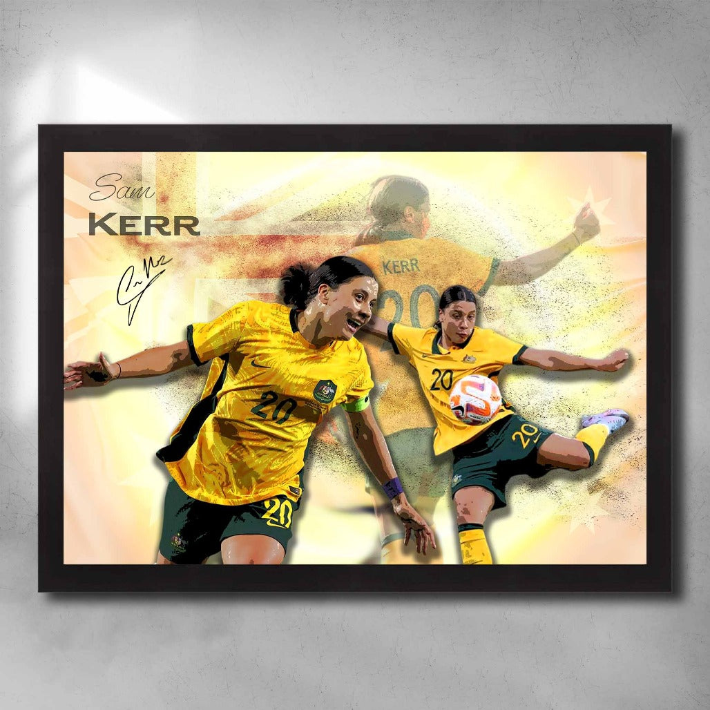 Framed sports art print of Sam Kerr in Matilda's jersey celebrating dynamic soccer moments – limited edition wall décor for fans.
