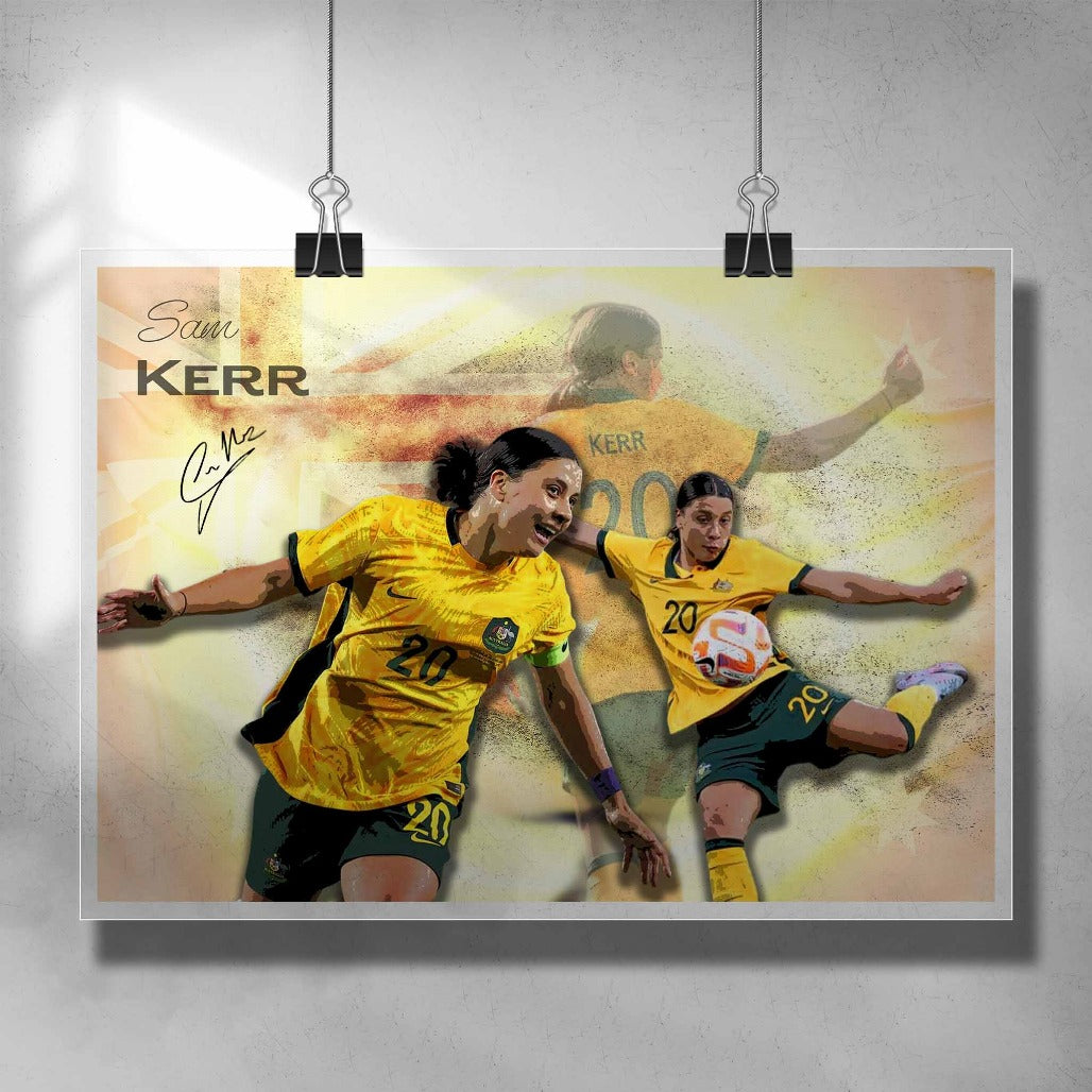 Unique signed soccer poster art featuring Sam Kerr for the Australian Matilda's, artwork by Sports Cave.