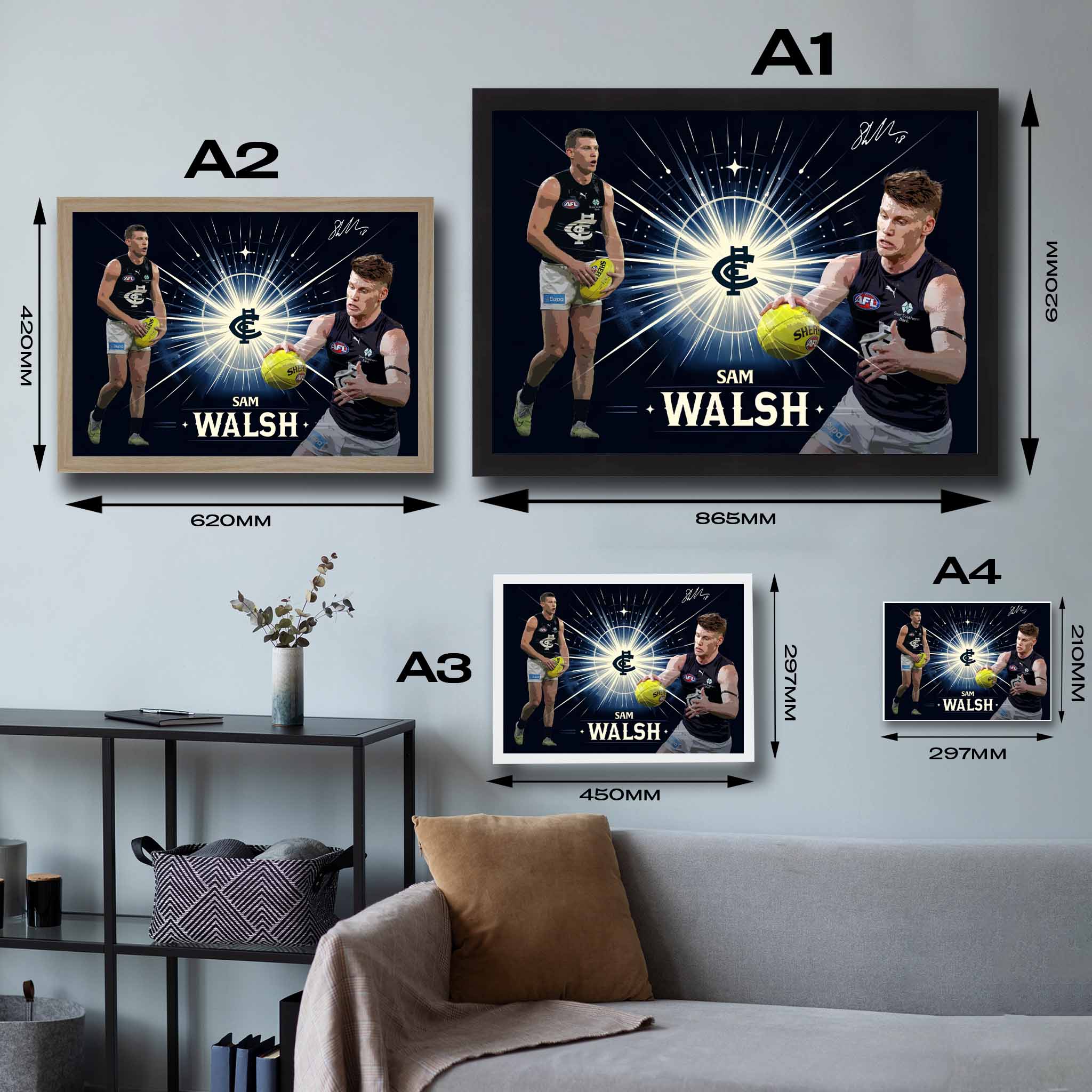 Visual representation of Sam Walsh framed art size options, ranging from A4 to A2, for selecting the right size for your space.