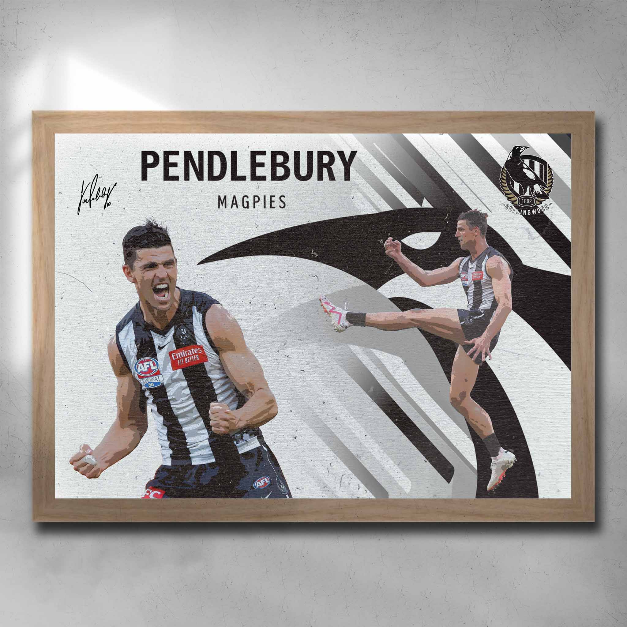 Oak framed AFL art by Sports Cave, featuring Scott Pendlebury from the Collingwood Magpies.